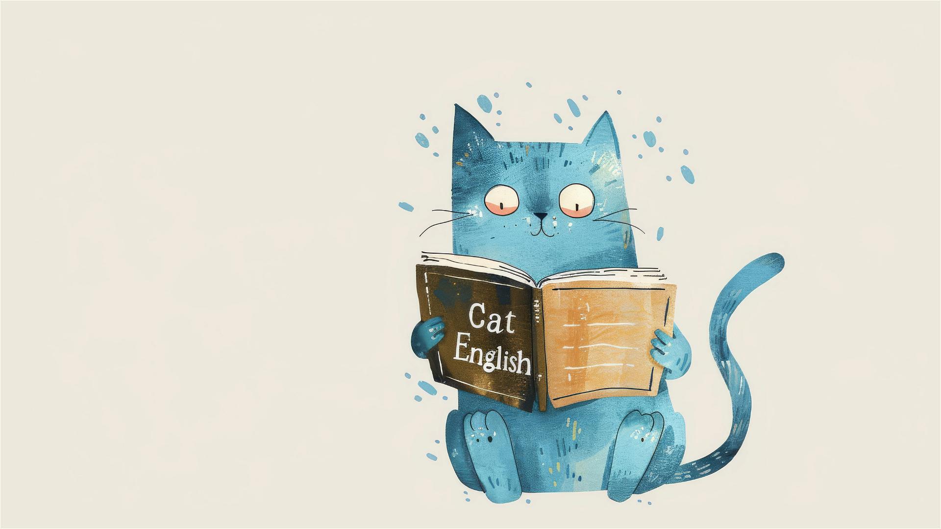 Blue cat reading 'Cat English' book, Jon Klassen style, pastel colors.