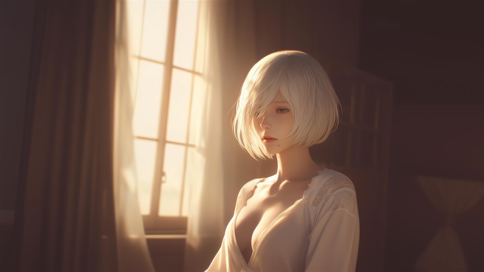 2B from Nier in white modern silk pajamas by a window at sunrise