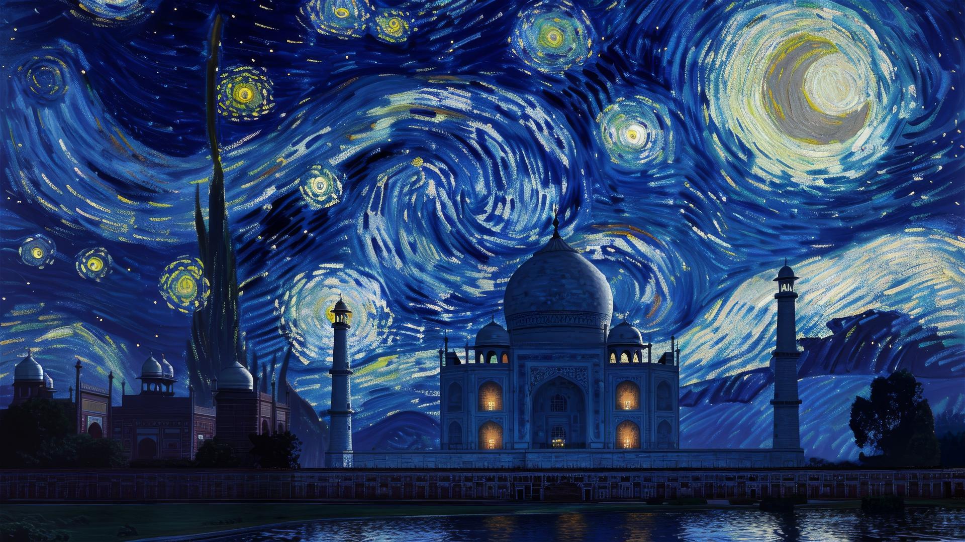 Taj Mahal under full moon and starry sky, reflection on water in Van Gogh style