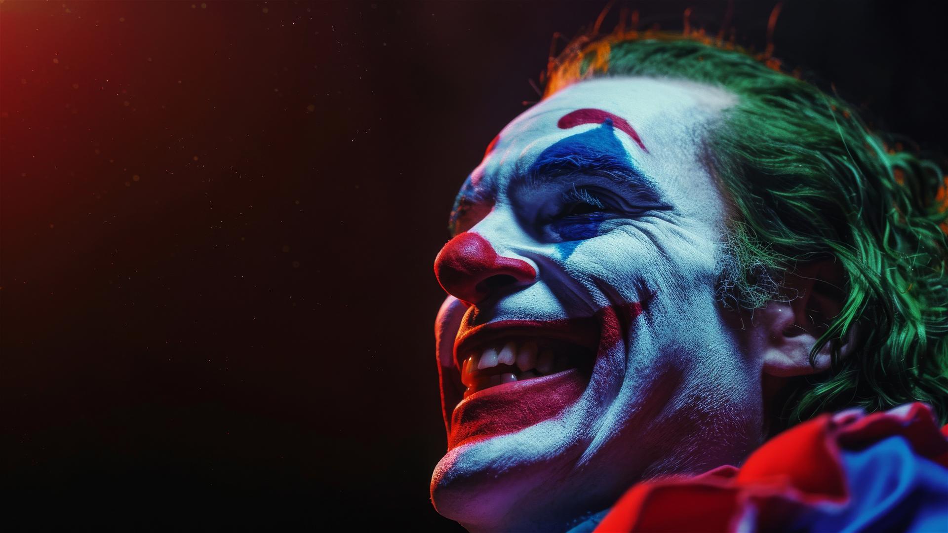 Joker laughing with cinematic lighting on a light black background