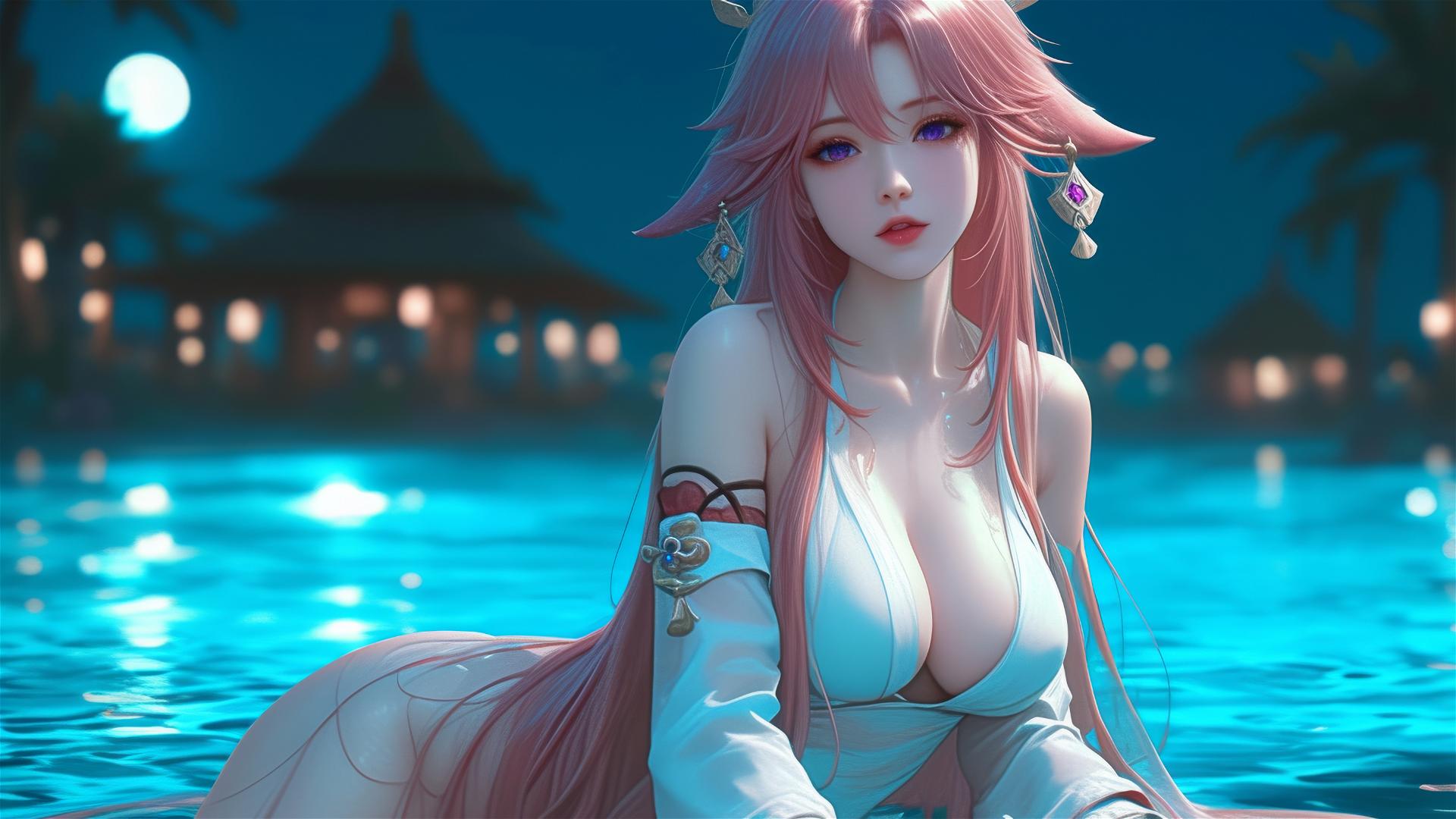 Yae Miko from Genshin Impact resting by a swimming pool under moonlight, pink hair, purple eyes.