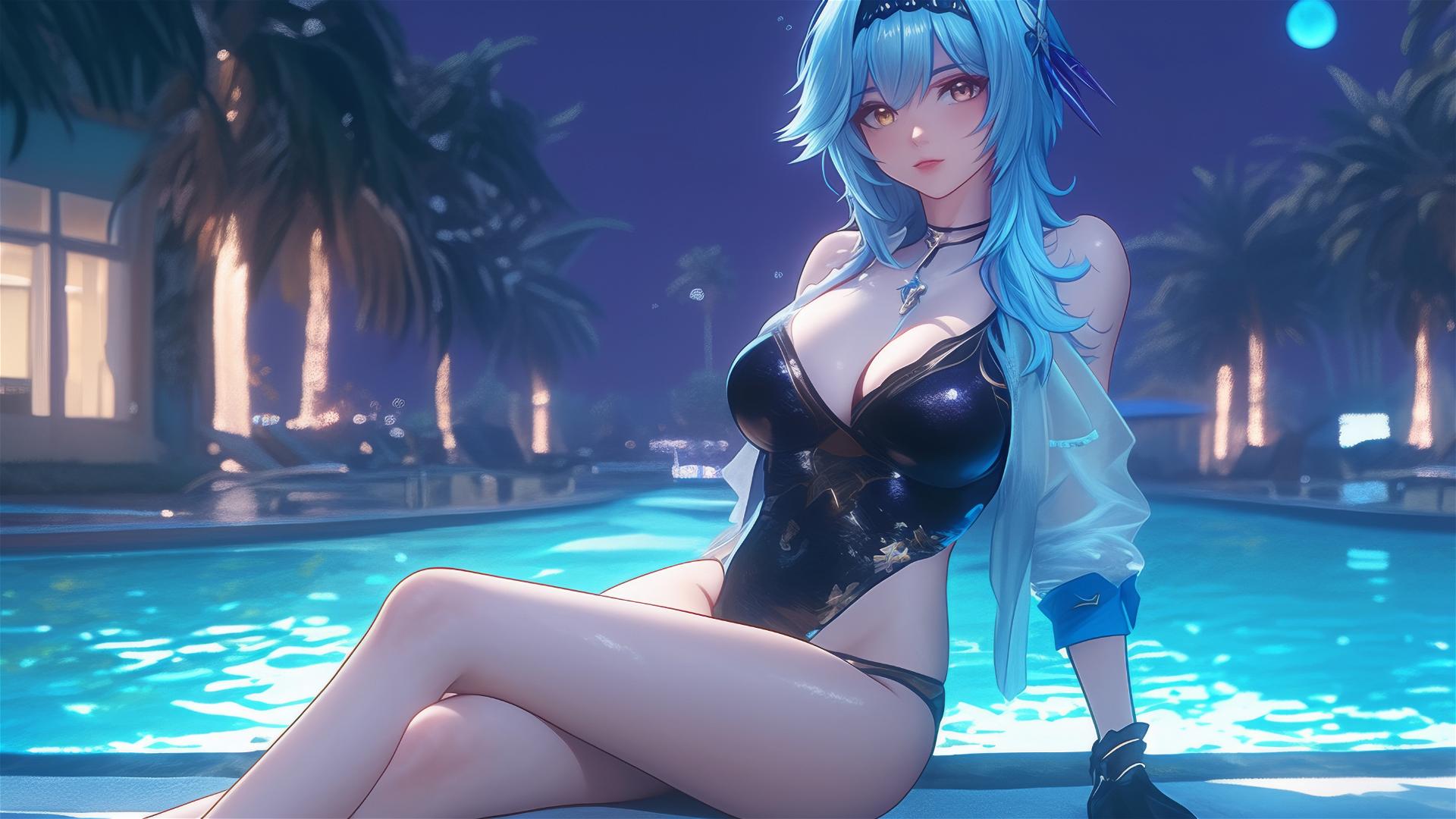 Eula Lawrence from Genshin Impact resting by a pool under moonlight, light blue hair