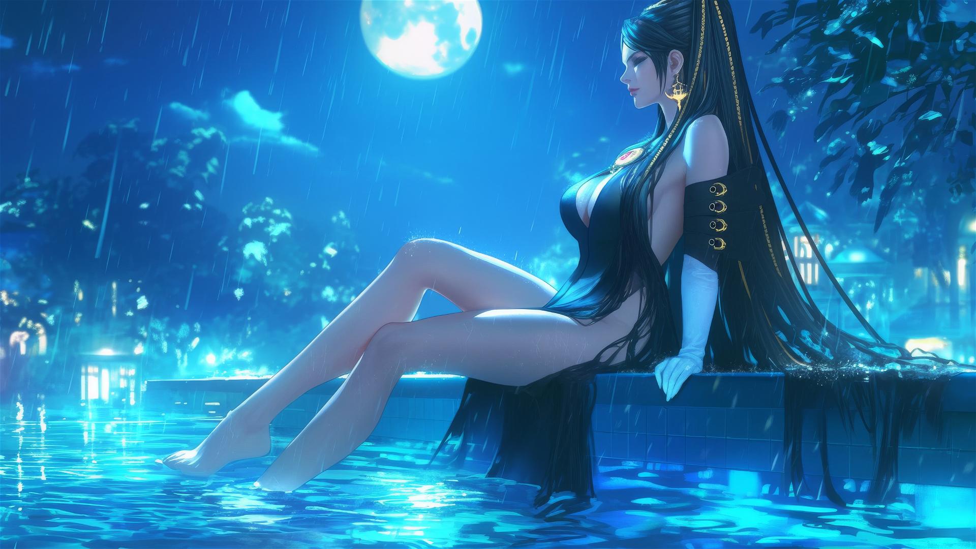 Bayonetta resting at a rainy swimming pool under moonlight.