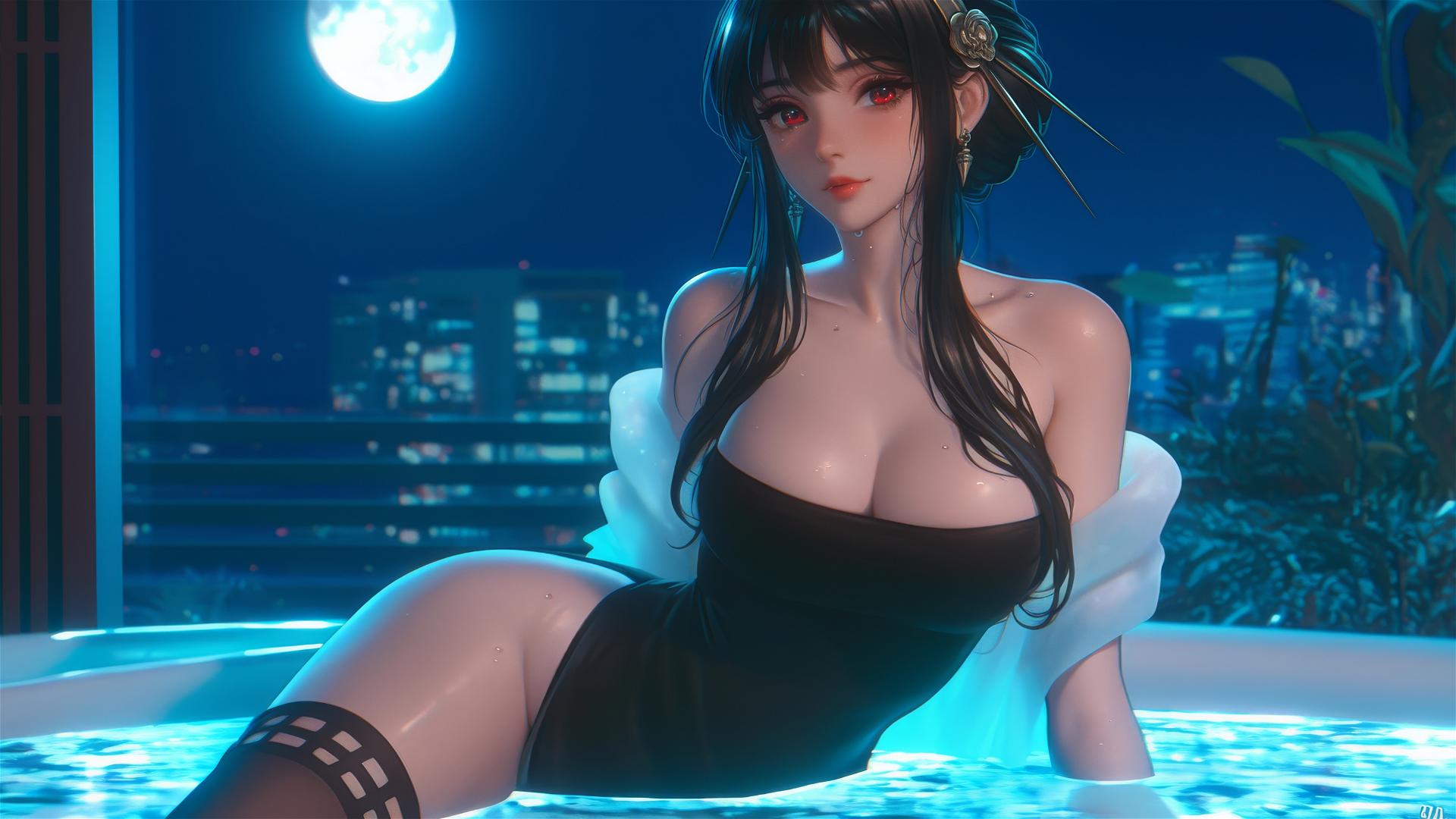 Yor Forger relaxing in a bathtub under moonlight