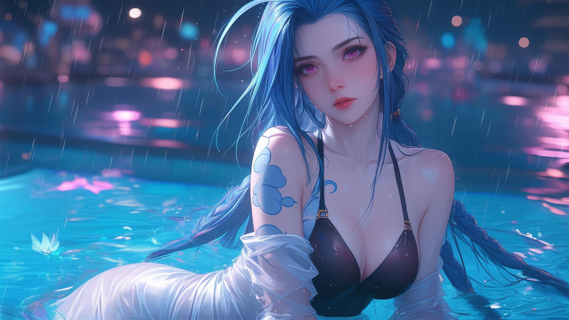 Jinx from League of Legends resting at a rainy swimming pool under moonlight in a pure white dress with pink eyes