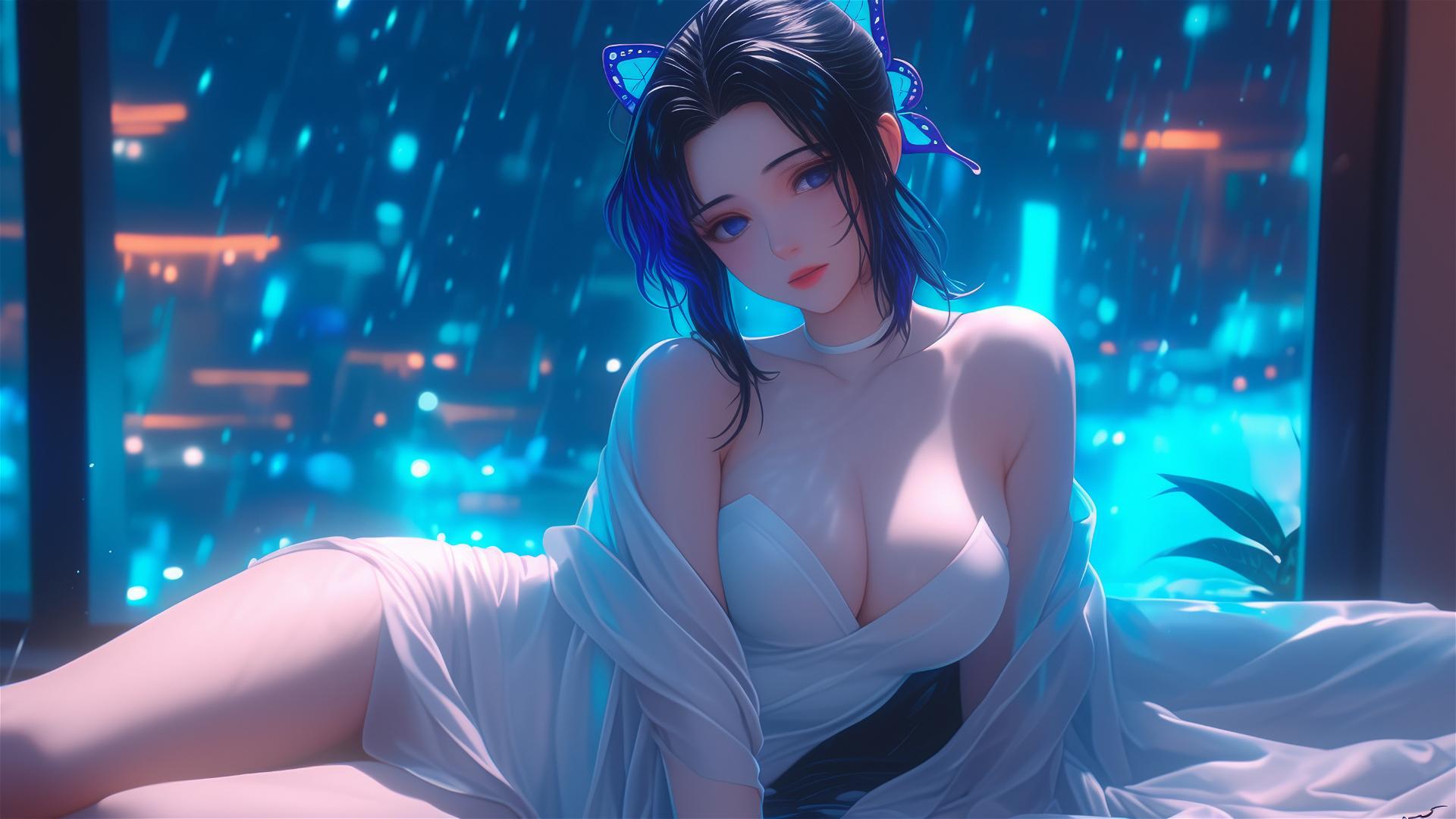 Shinobu Kocho from Demon Slayer relaxing in a modern hotel room with neon lights and moonlight.