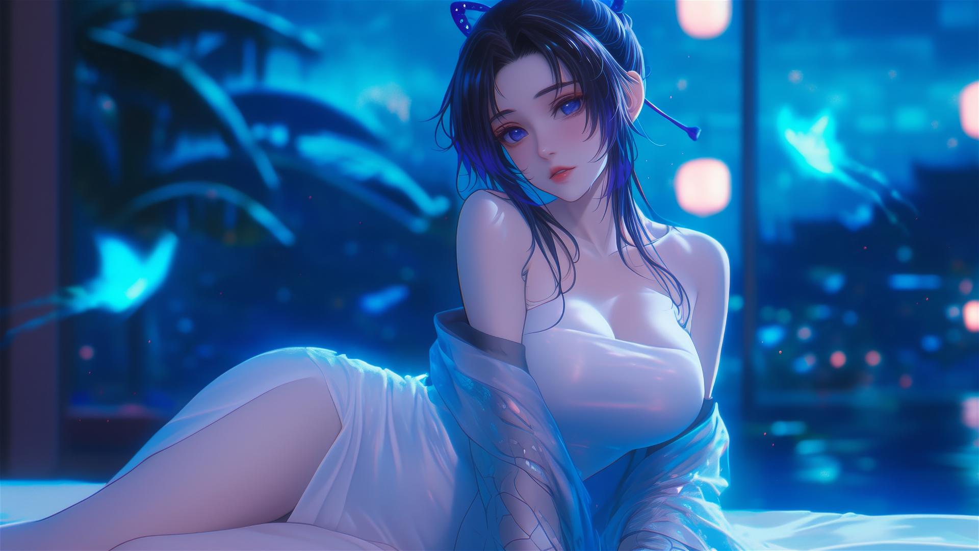 Shinobu Kocho from Demon Slayer resting in neon-lit modern hotel room under moonlight.
