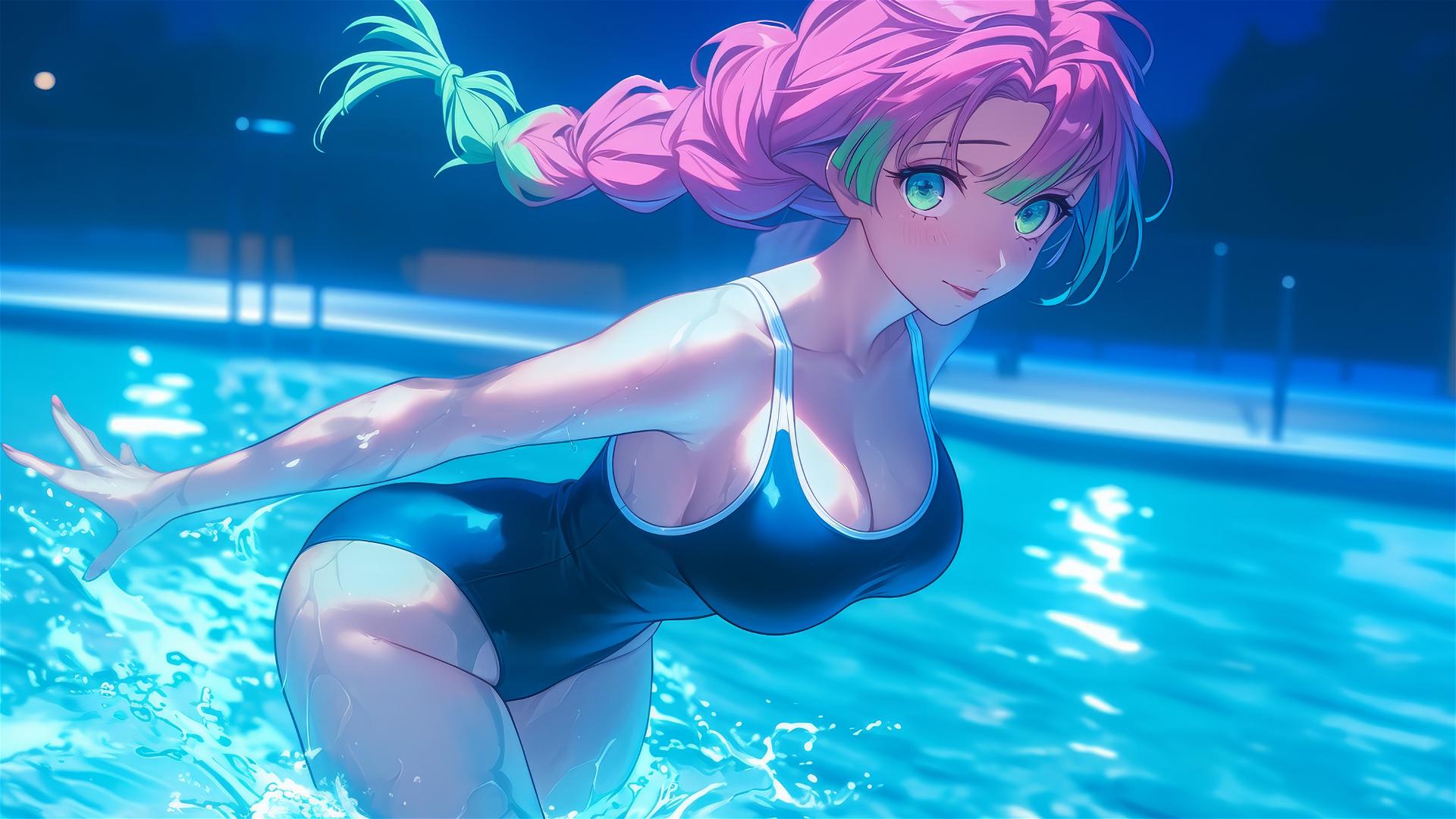 Mitsuri Kanroji from Demon Slayer jumping out of a swimming pool under moonlight