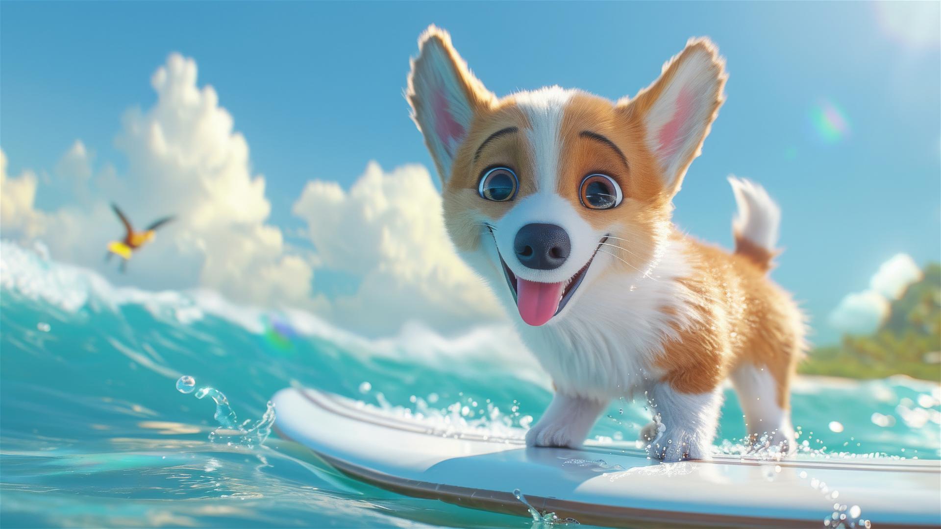 Cartoonish corgi puppy surfing with big happy eyes