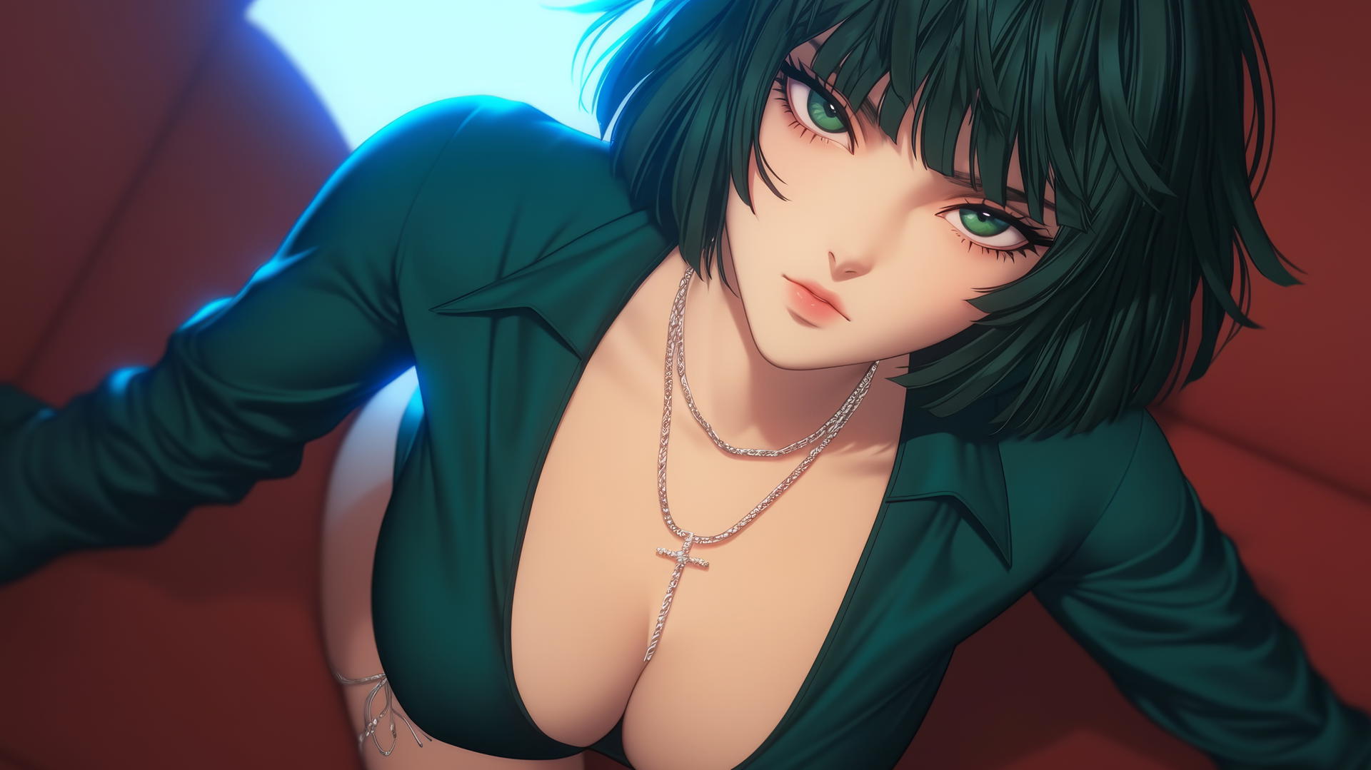 Fubuki kneeling and looking up in a neon-lit modern hotel room.