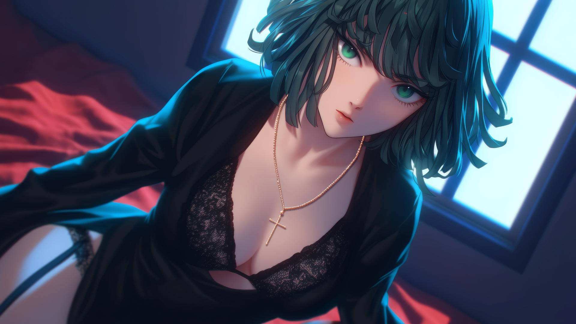 Fubuki from One Punch Man kneeling, looking up, in a modern hotel room with neon lighting.