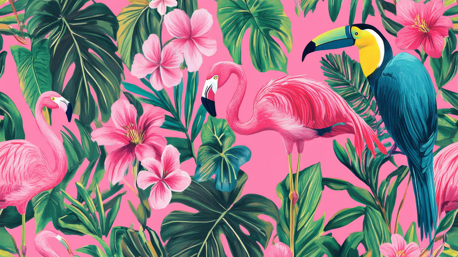 Preppy pink wallpaper with flamingos, toucans, and tropical flowers