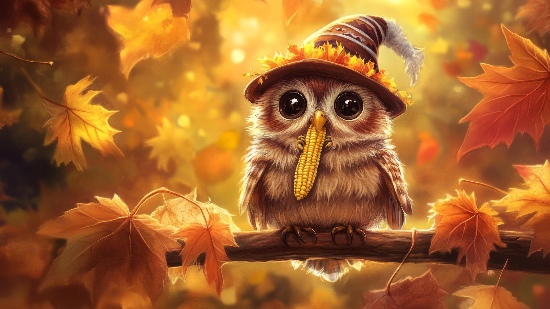 wallpaper cute thanksgiving backgrounds fluffy baby owl with pilgrim hat on branch