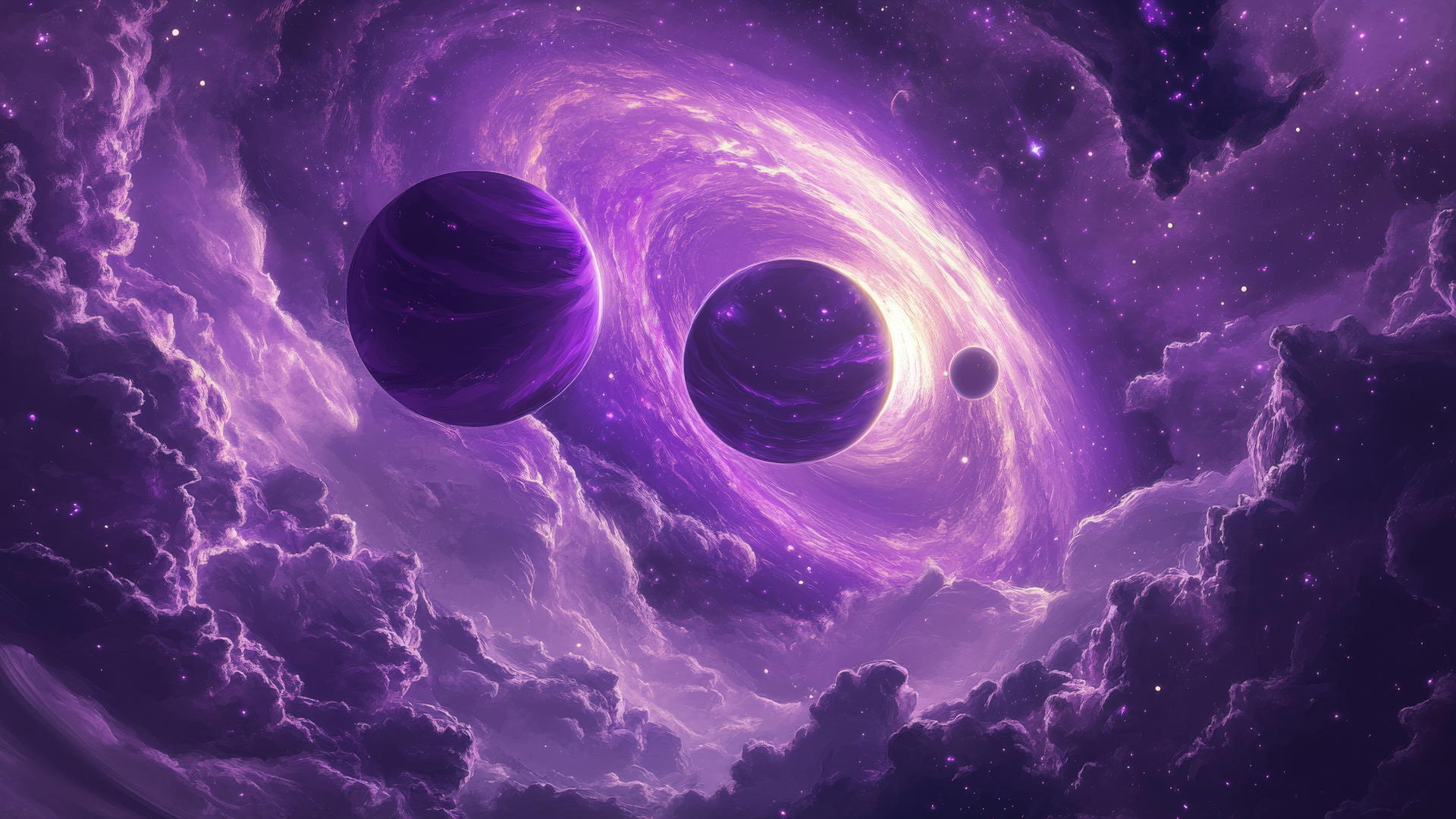 purple wallpaper aesthetic with dreamy galaxy, swirling nebulae, distant stars, and glowing planets