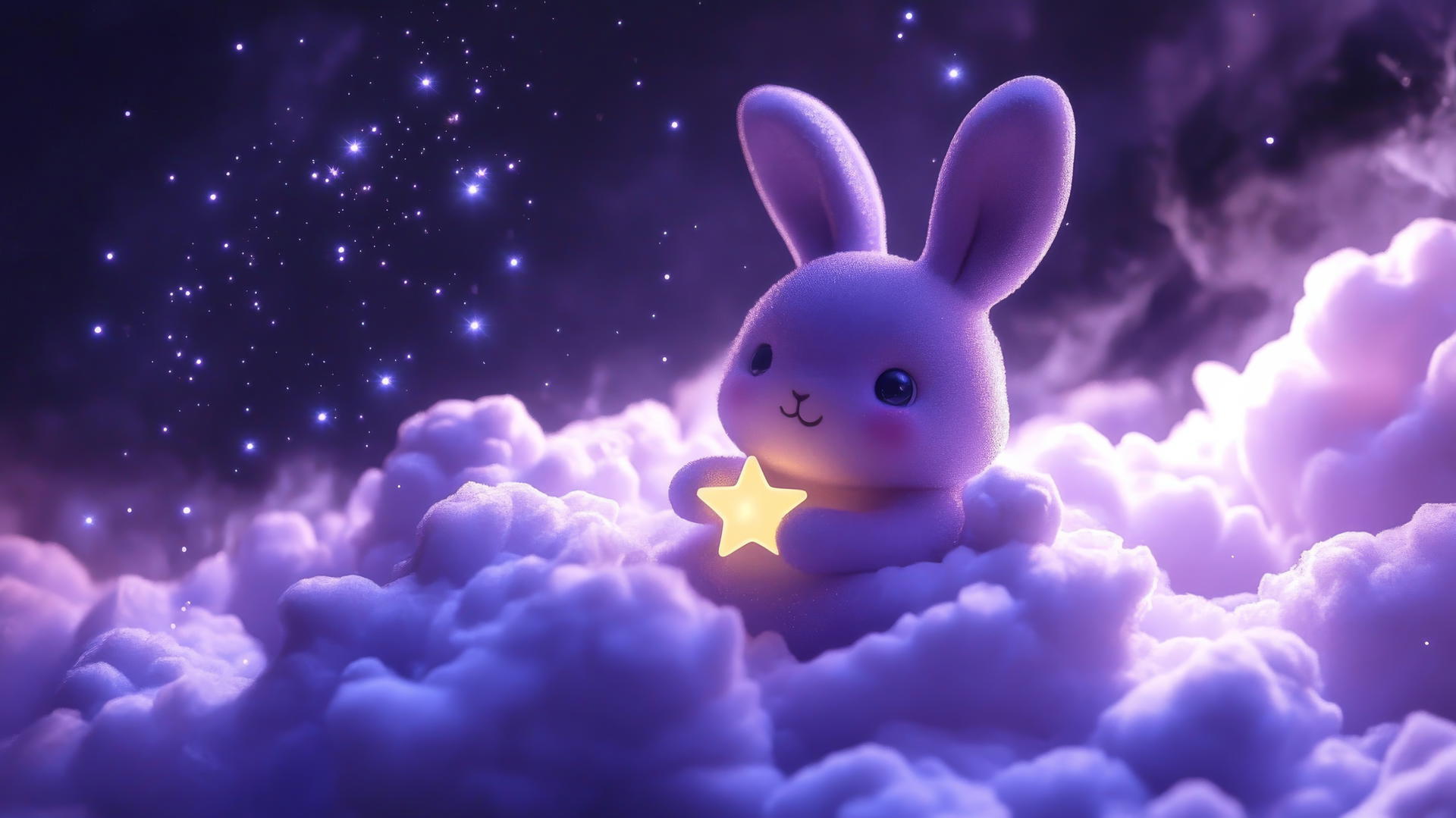 A kawaii purple bunny holding a tiny star on a fluffy lavender cloud with soft sparkles and twinkling lights, cute purple wallpaper