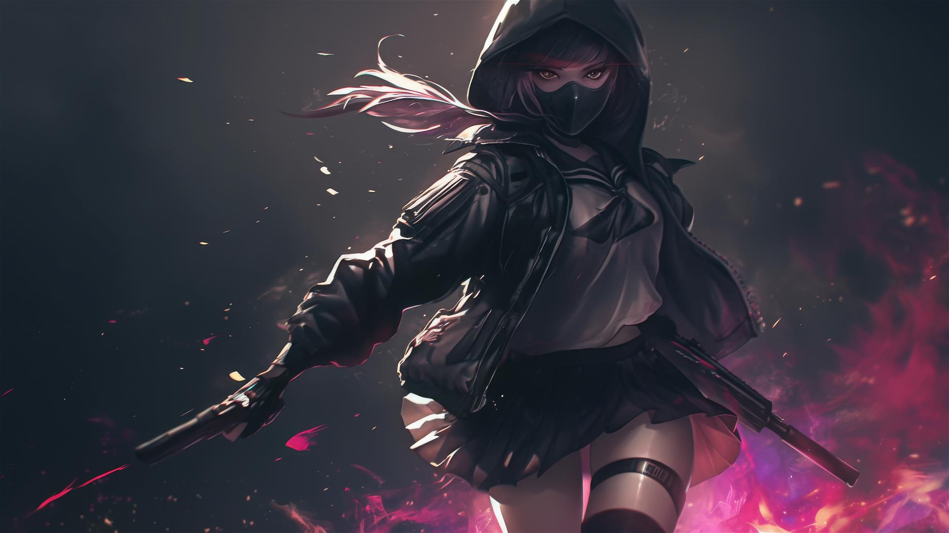 Tactical schoolgirl with thigh focus and mask in spotlight