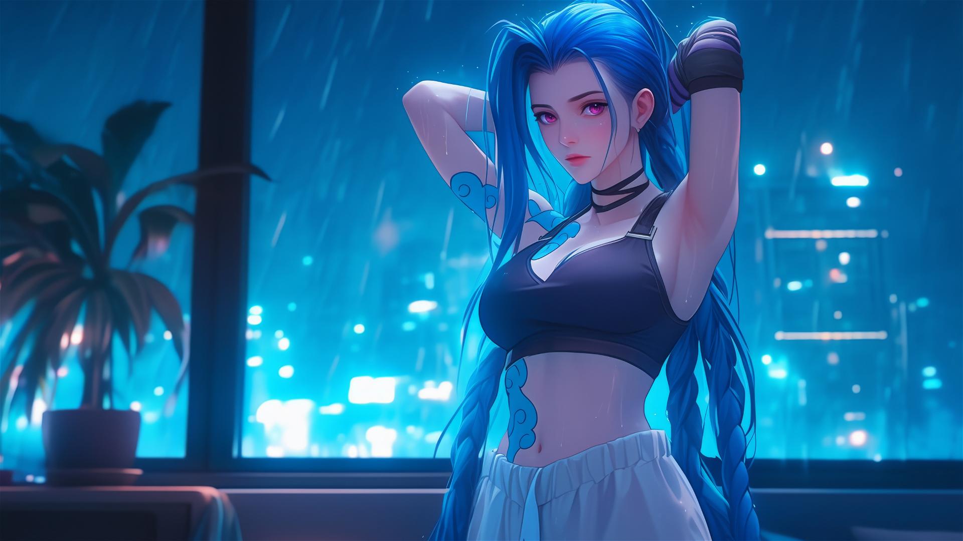 Jinx from League of Legends in silk pajamas with blue hair and pink eyes in moonlit apartment