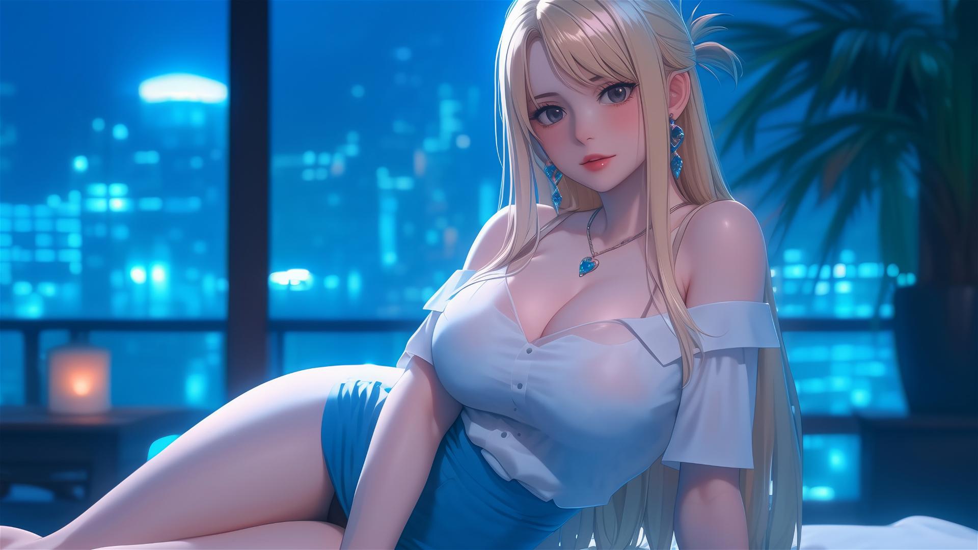 Lucy Heartfilia resting in modern apartment under moonlight