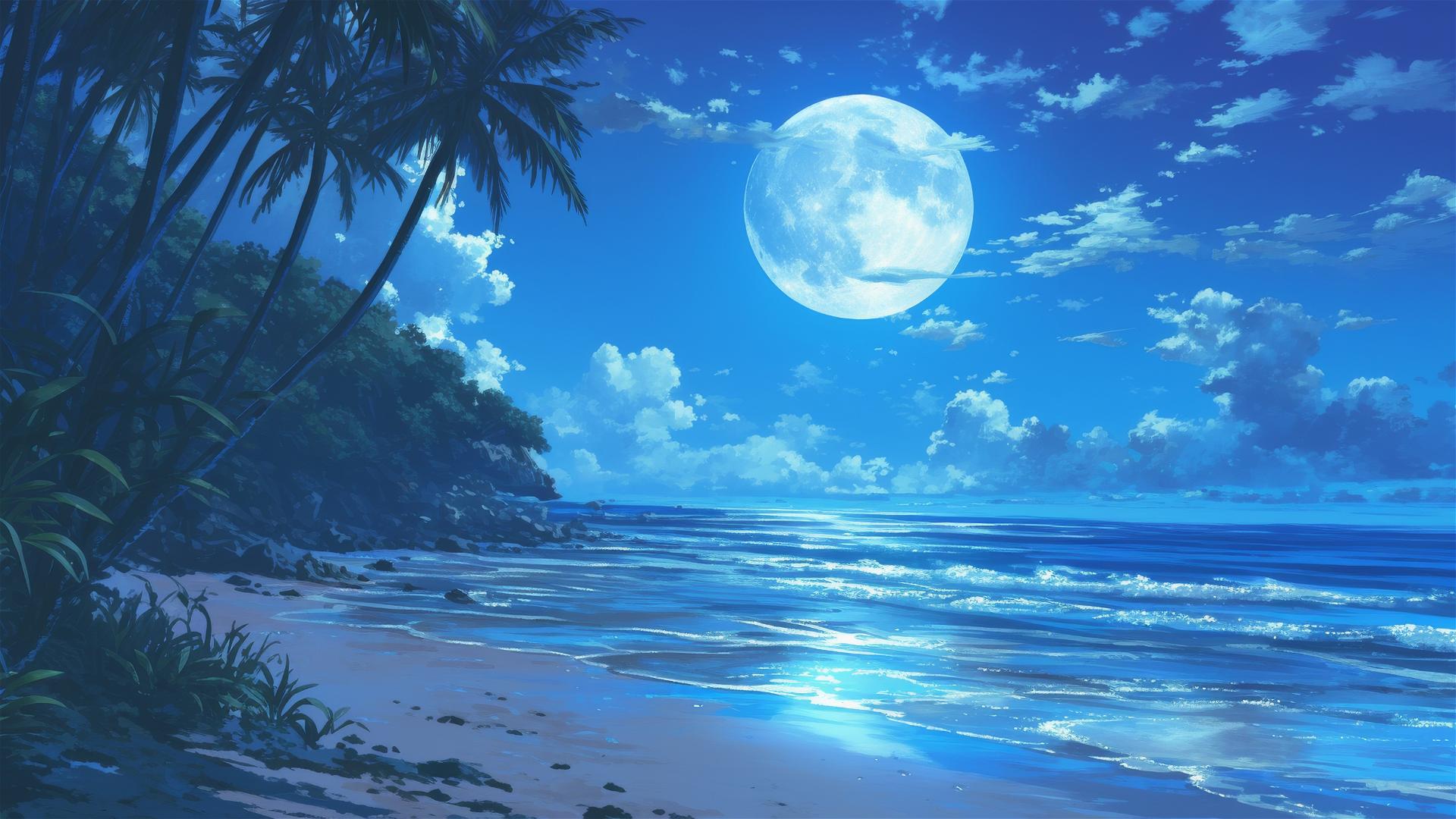 Full moon over secluded beach with gently lapping tide, peaceful scene