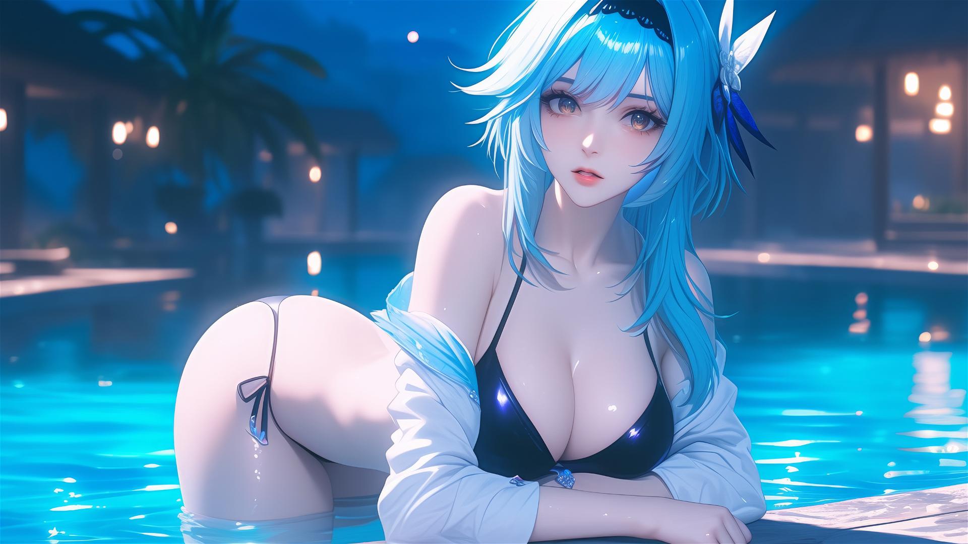 Eula Lawrence from Genshin Impact resting at swimming pool under moonlight