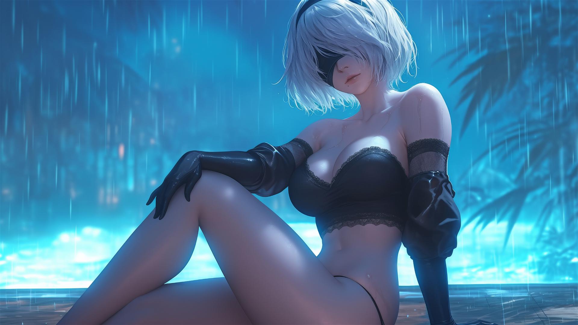 2B from Nier at a rainy pool lit by moonlight