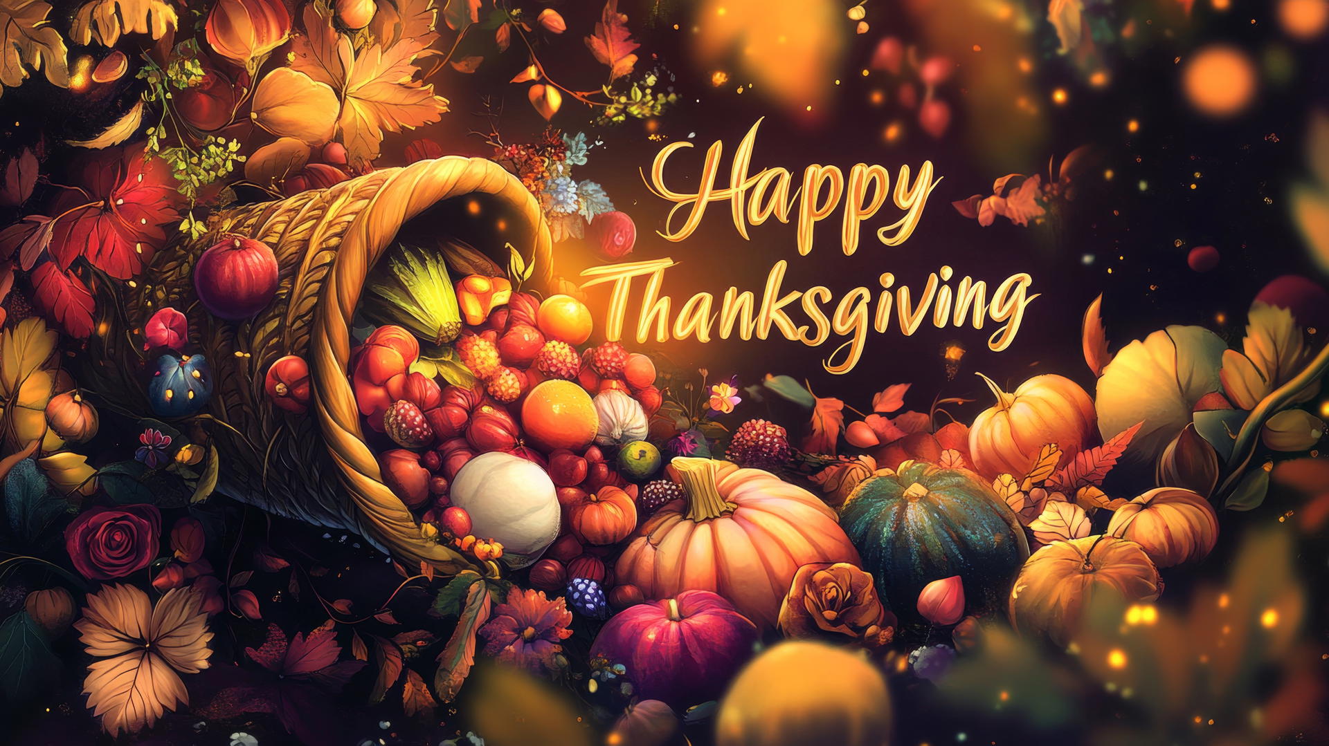 happy thanksgiving wallpaper with ornate cornucopia, glow, and elegant script