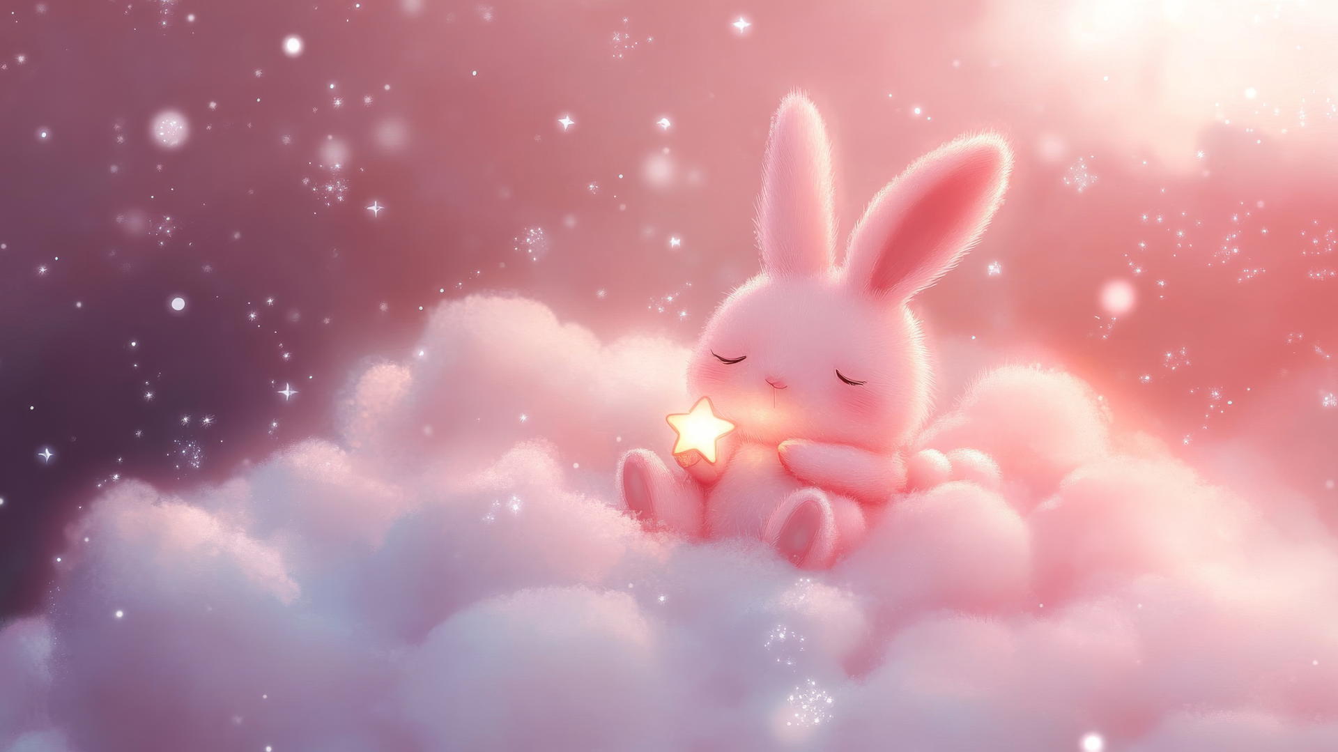 cute pink wallpaper with kawaii bunny holding a tiny star on a fluffy pink cloud