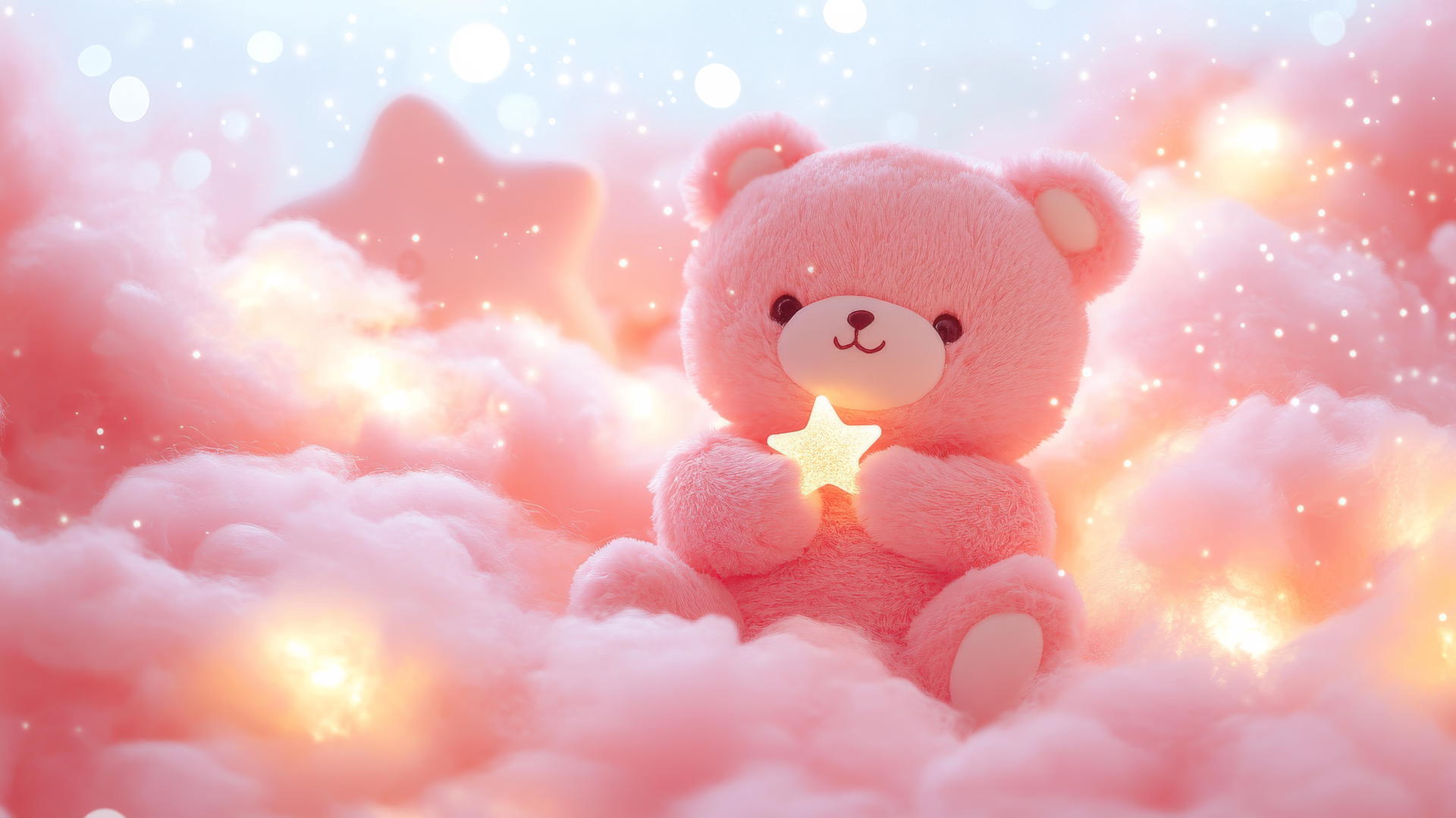 cute pink wallpaper with kawaii bear holding a star on a fluffy cloud