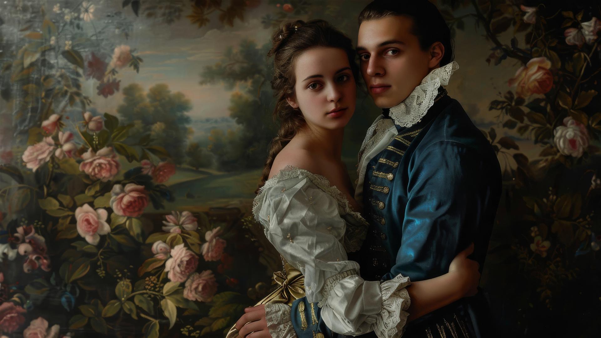18th-century lovers in elegant attire, painted in Albert Graefle style.