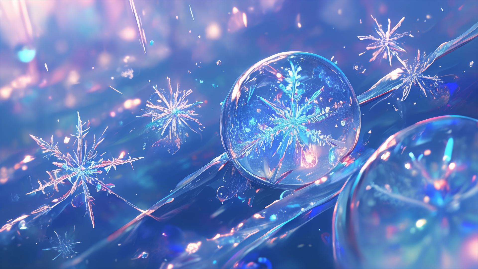 Holographic rain with snowflakes on frosty morning