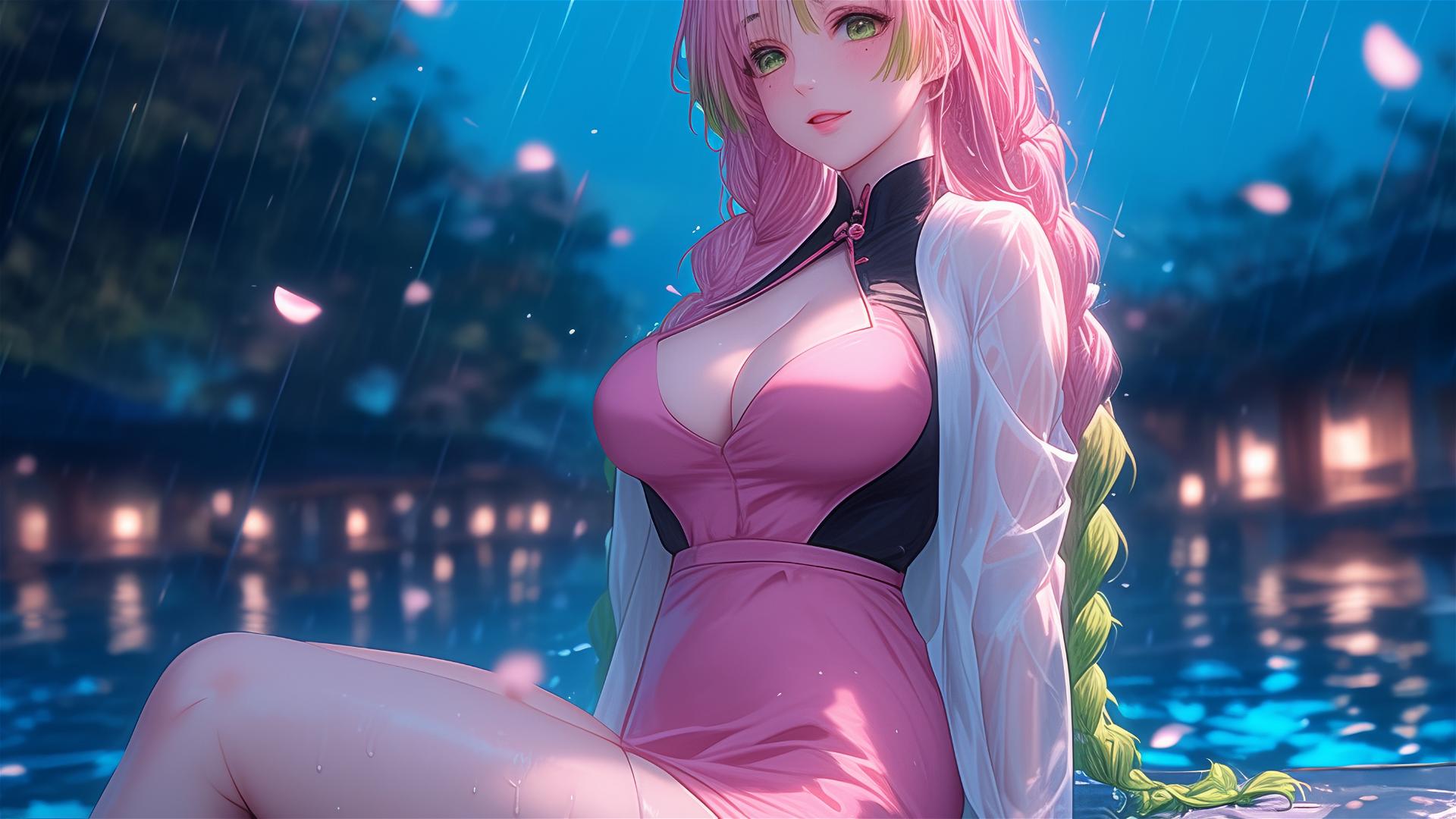 Mitsuri Kanroji from Demon Slayer resting by a pool in moonlight, pink dress, thigh focus, pink to green hair.