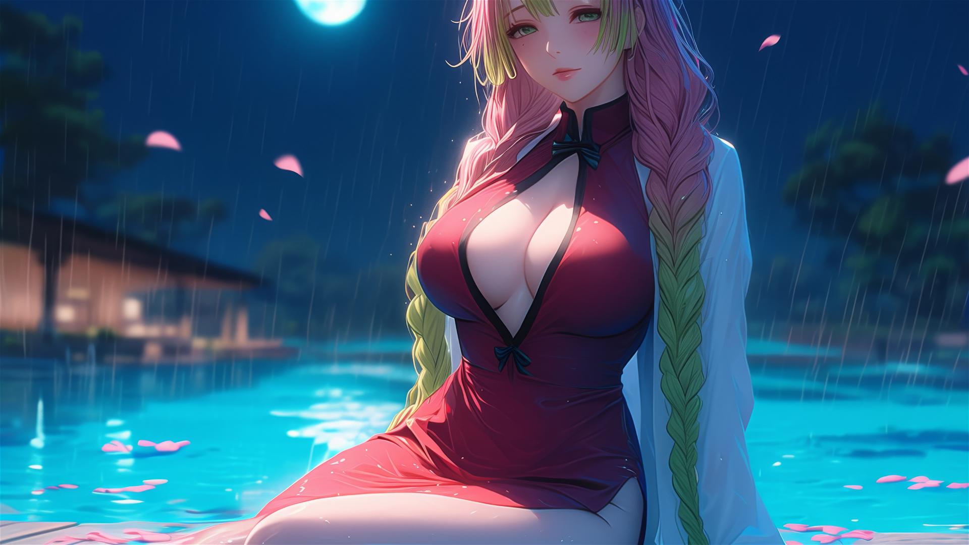 Mitsuri Kanroji from Demon Slayer by moonlit rainy pool in red dress with light pink to lime green hair