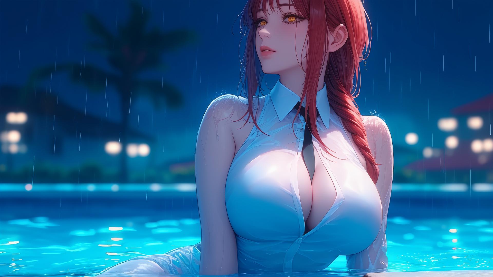 Makima from Chainsaw Man resting by a pool in moonlight, huge rain, in pink dress with blond and reddish hair