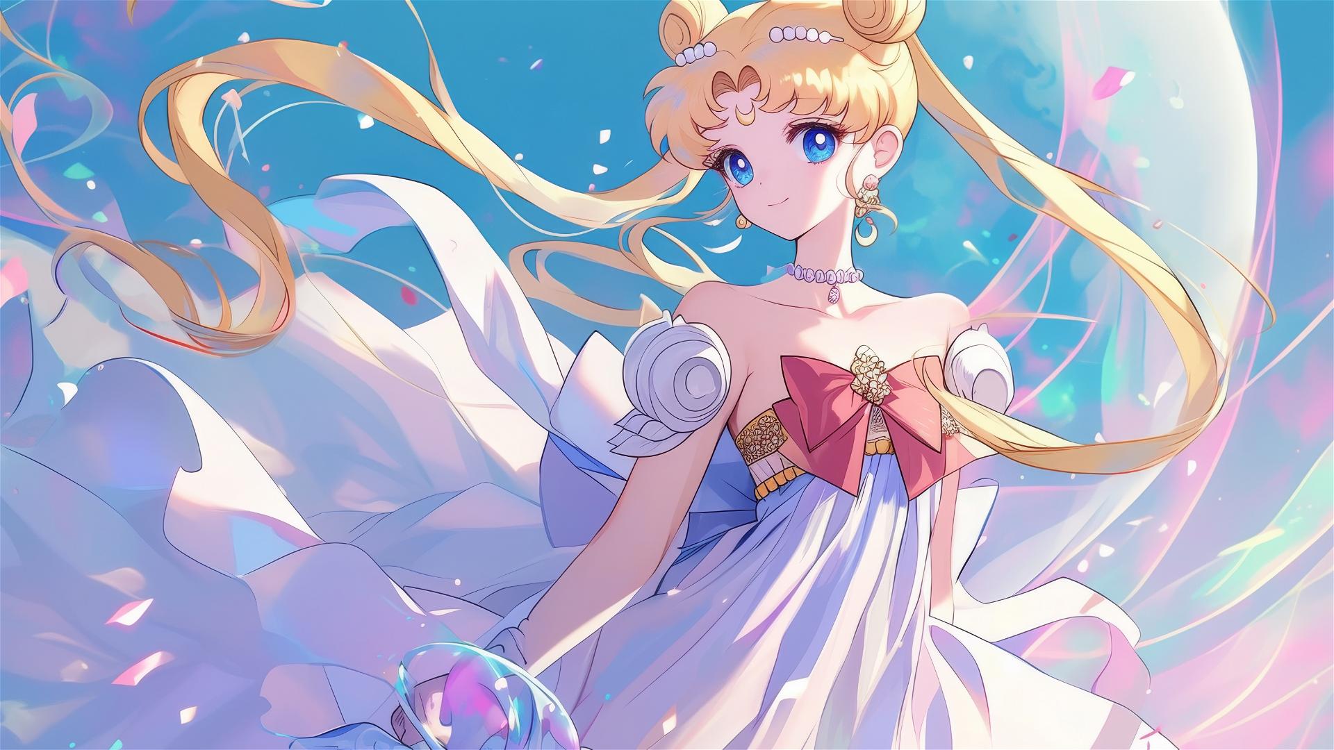 Sailor Moon in royal ball gown dancing at moonlit ball