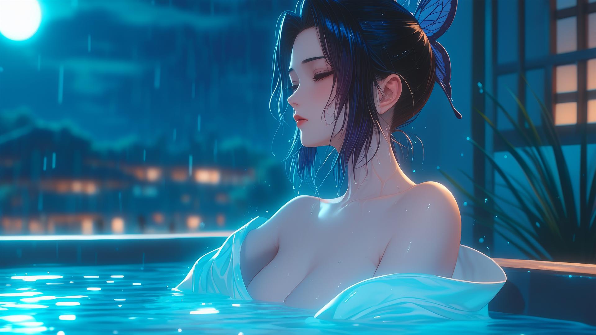 Shinobu Kocho from Demon Slayer resting in a tub under moonlight