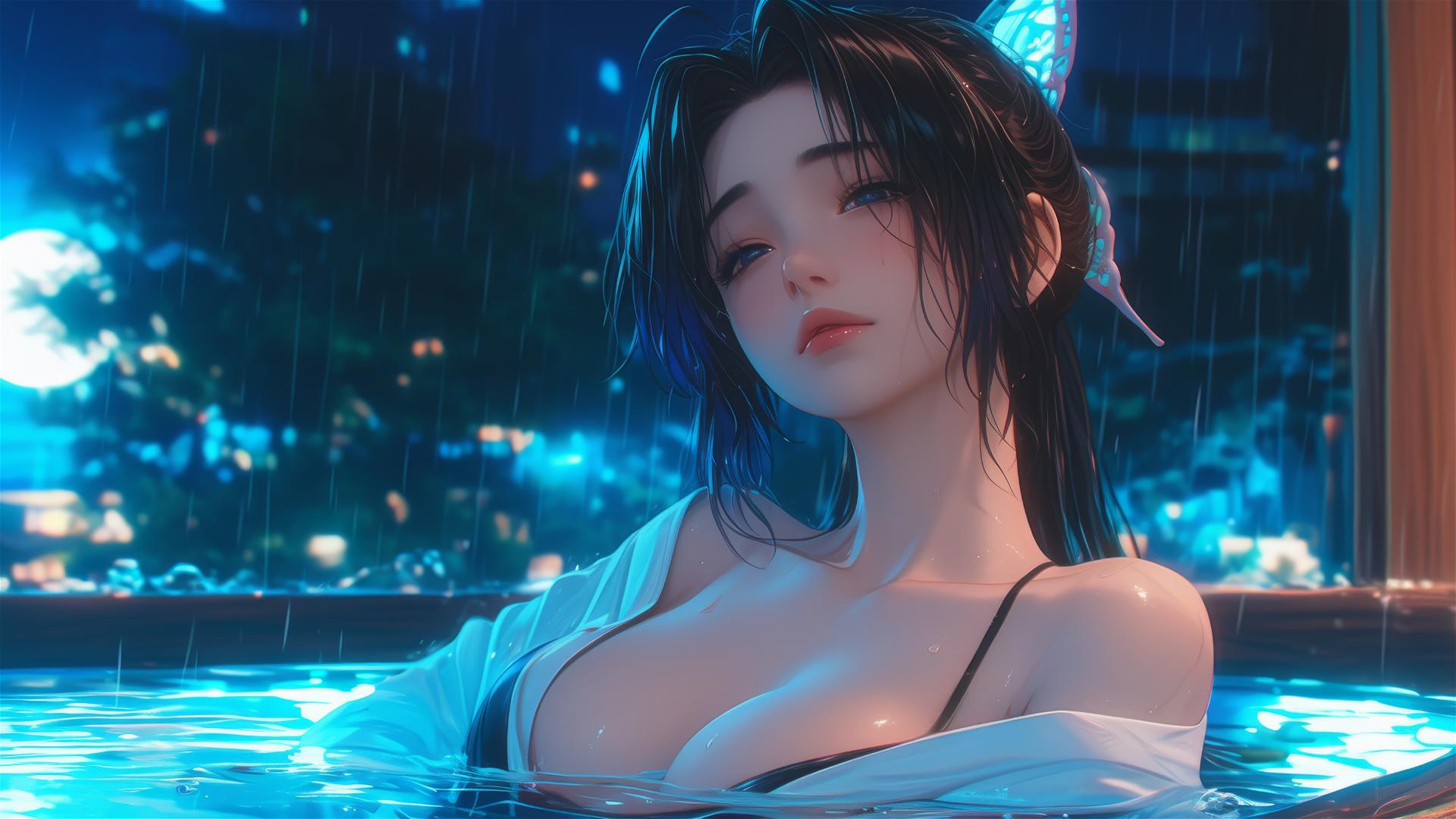 Shinobu Kocho from Demon Slayer relaxing in tub under moonlight
