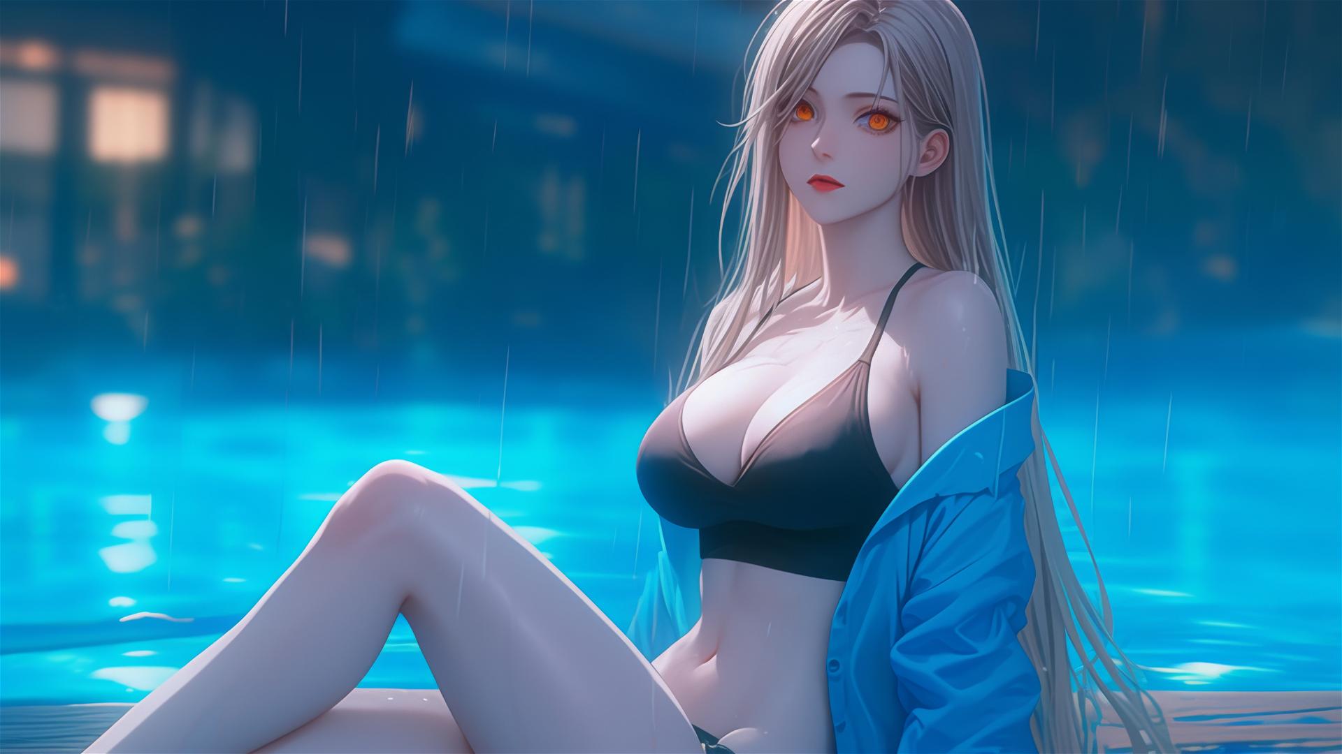 Power from Chainsaw Man resting at a rainy swimming pool, with a focus on her thighs, blond hair, light red horns, and yellow eyes.