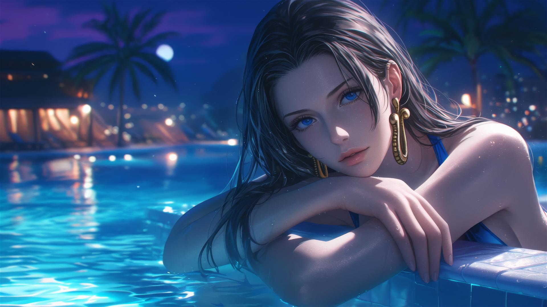 Boa Hancock from One Piece relaxing by the pool under moonlight
