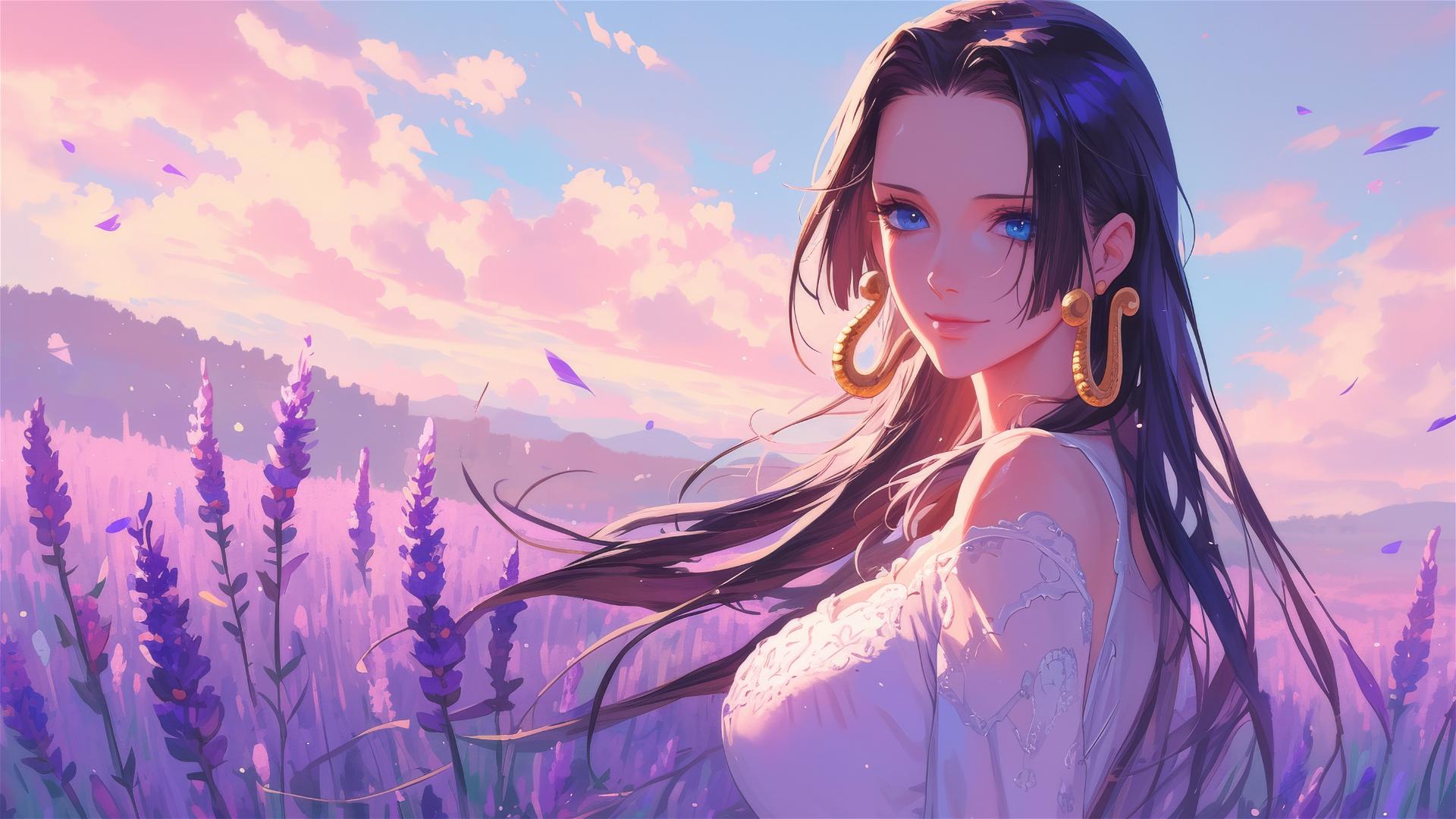 Boa Hancock strolling through a lavender field at sunset