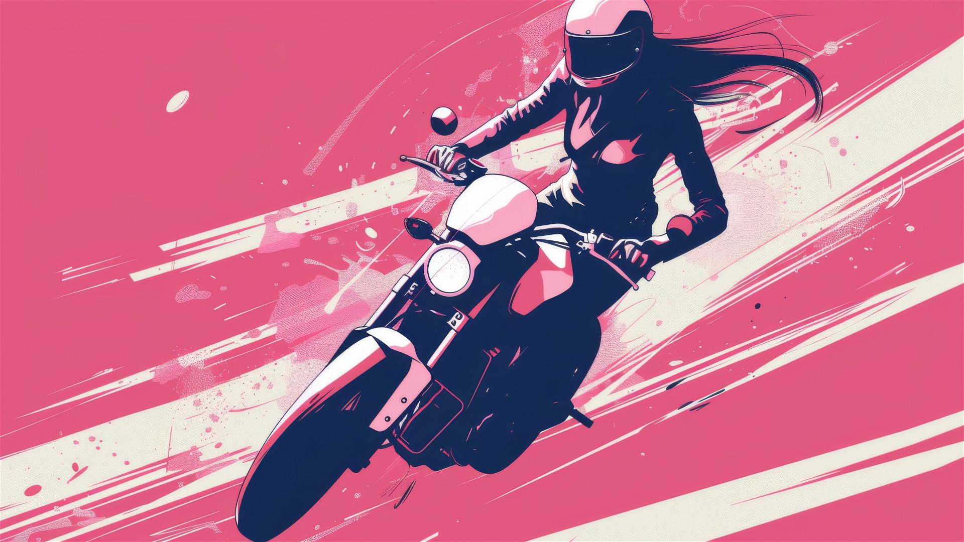 Minimalist pixel art of a girl riding a motorcycle with contrasting dots