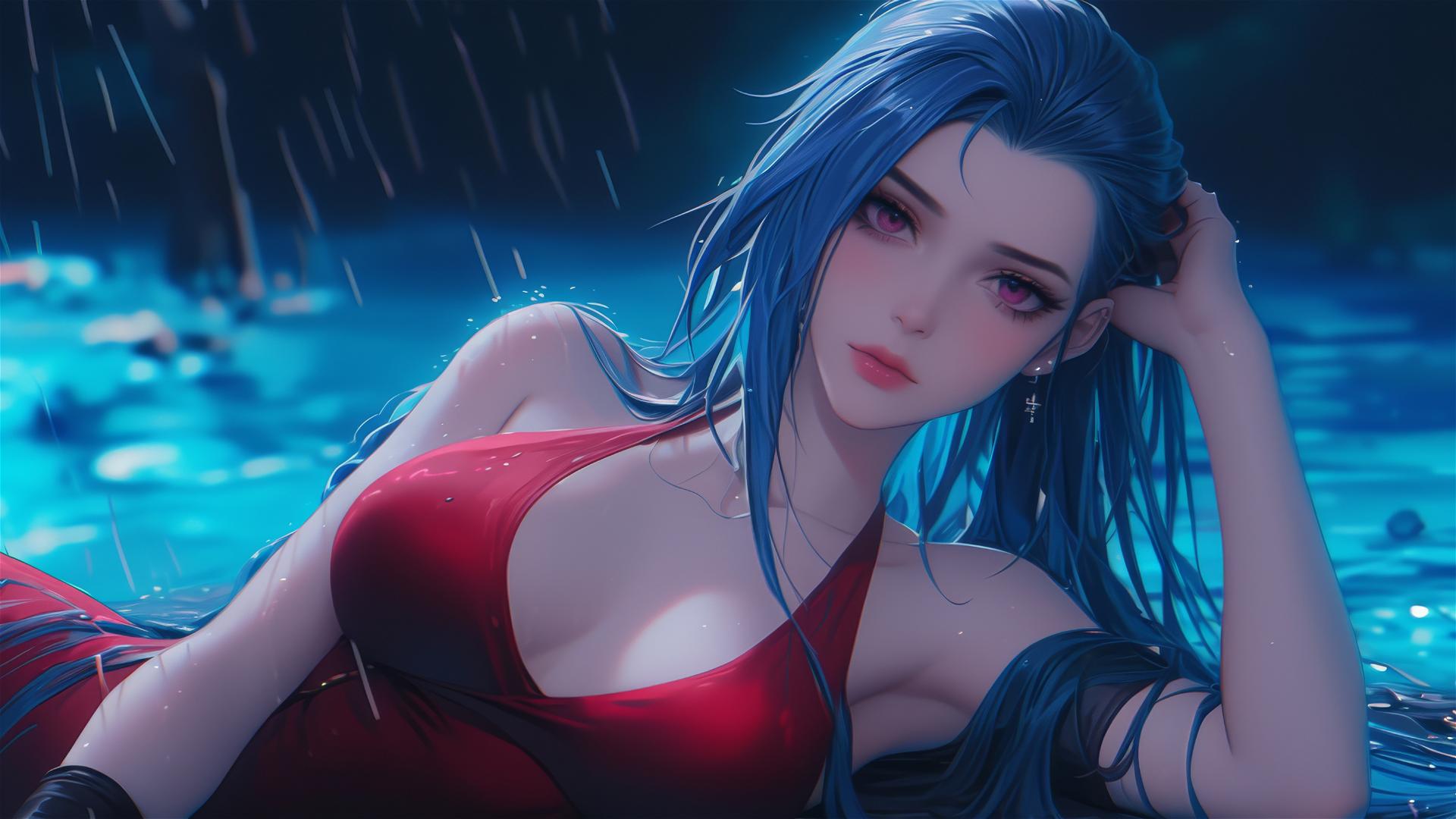 Jinx from League of Legends at a rainy swimming pool with moonlight, pink eyes, red dress, and blue hair