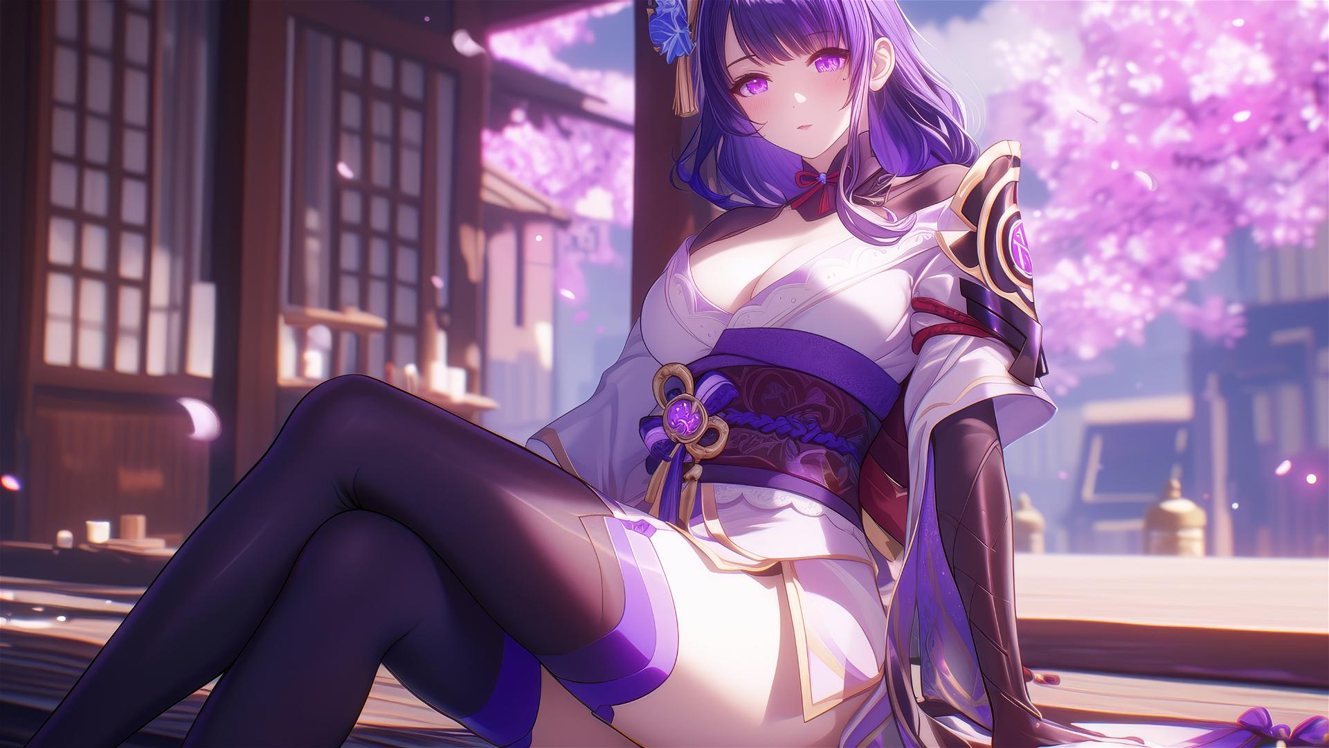 Raiden Shogun resting at modern hotel under moonlight, purple hair and eyes, flower on head.
