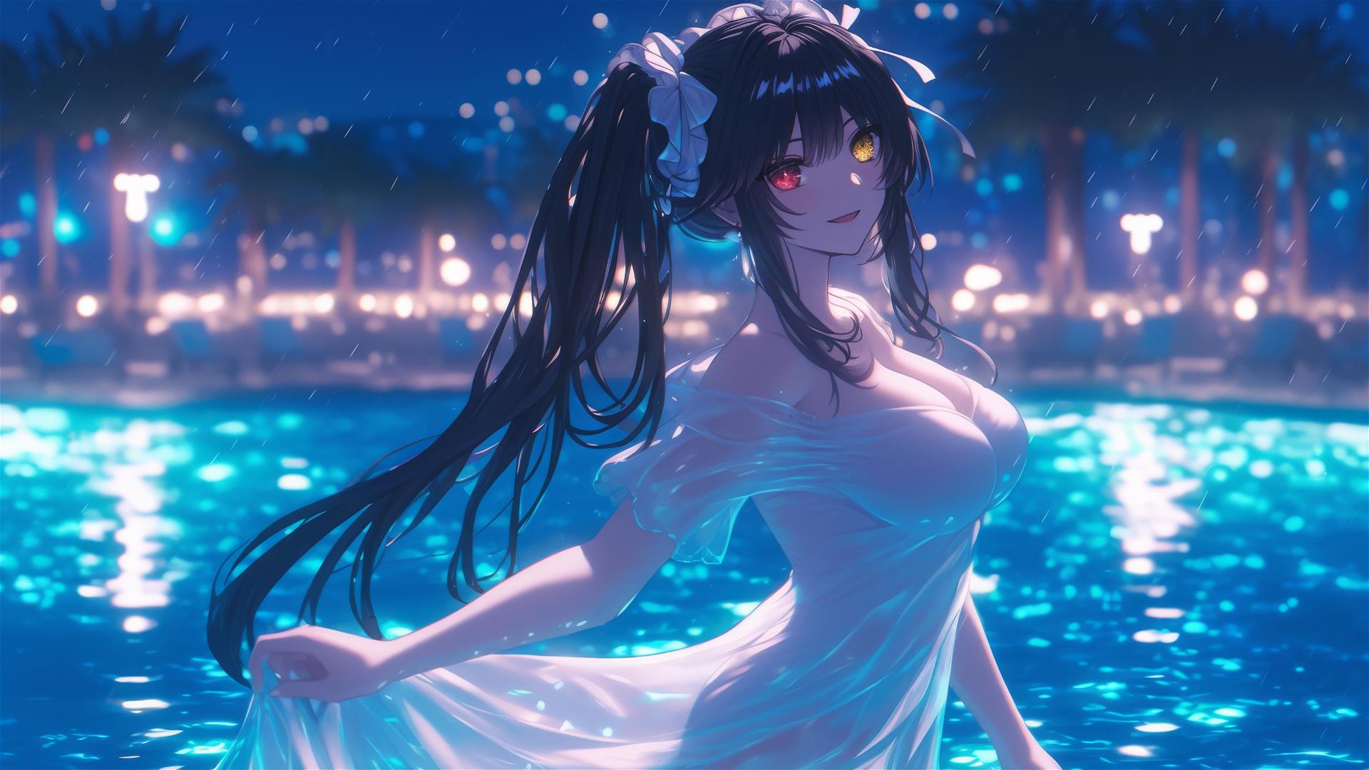 Kurumi Tokisaki in a white dress, rainy pool under moonlight, red and yellow eyes