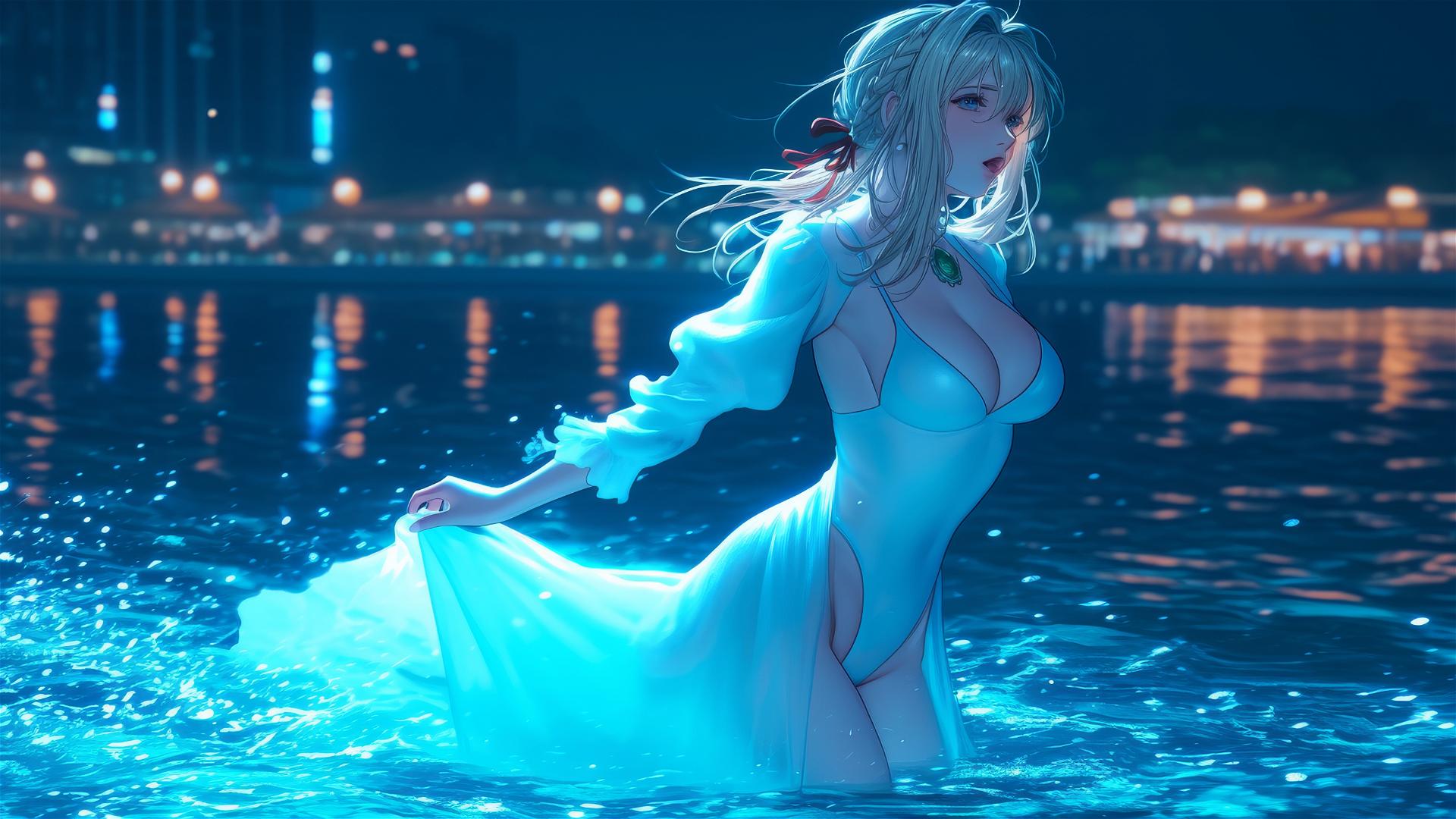 Violet Evergarden jumping out of a swimming pool with moonlight glow