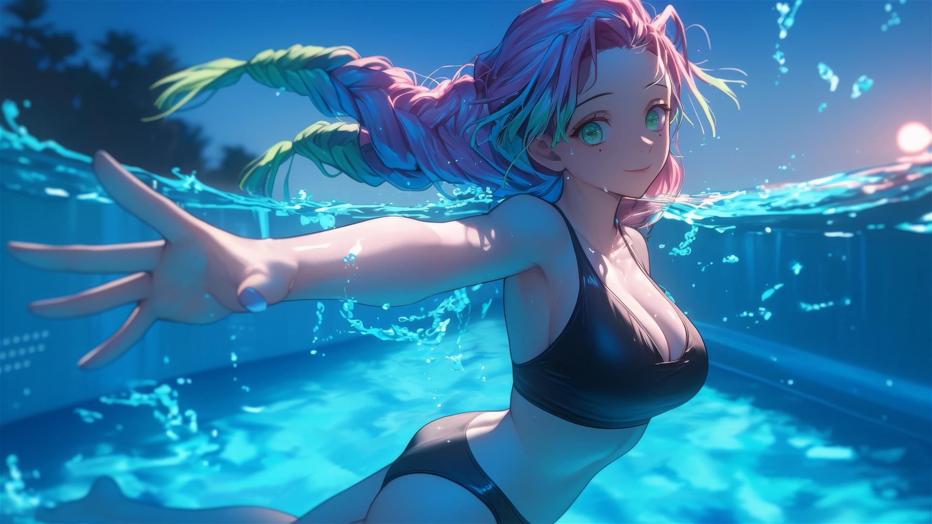 Mitsuri Kanroji from Demon Slayer jumping out of a pool under moonlight, light pink and lime green hair