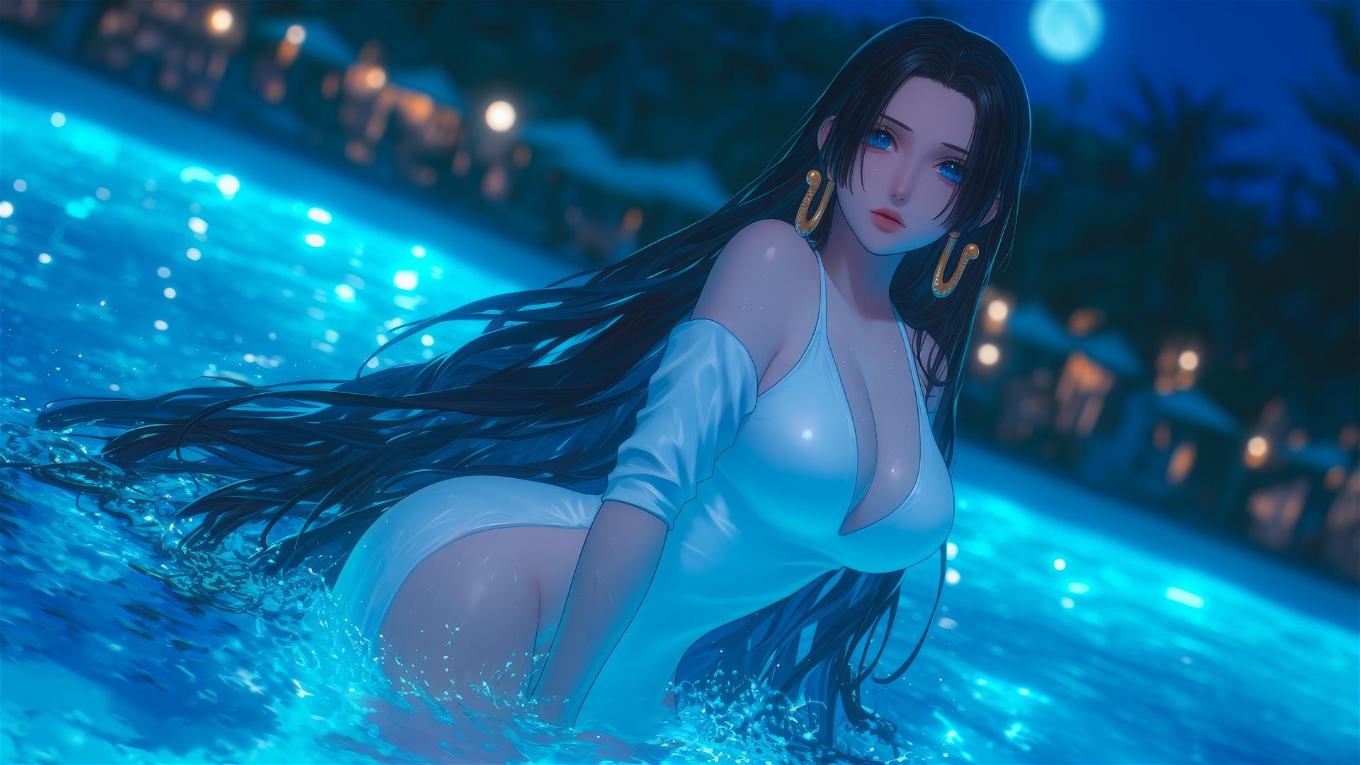 Boa Hancock from One Piece jumping out of a swimming pool under moonlight