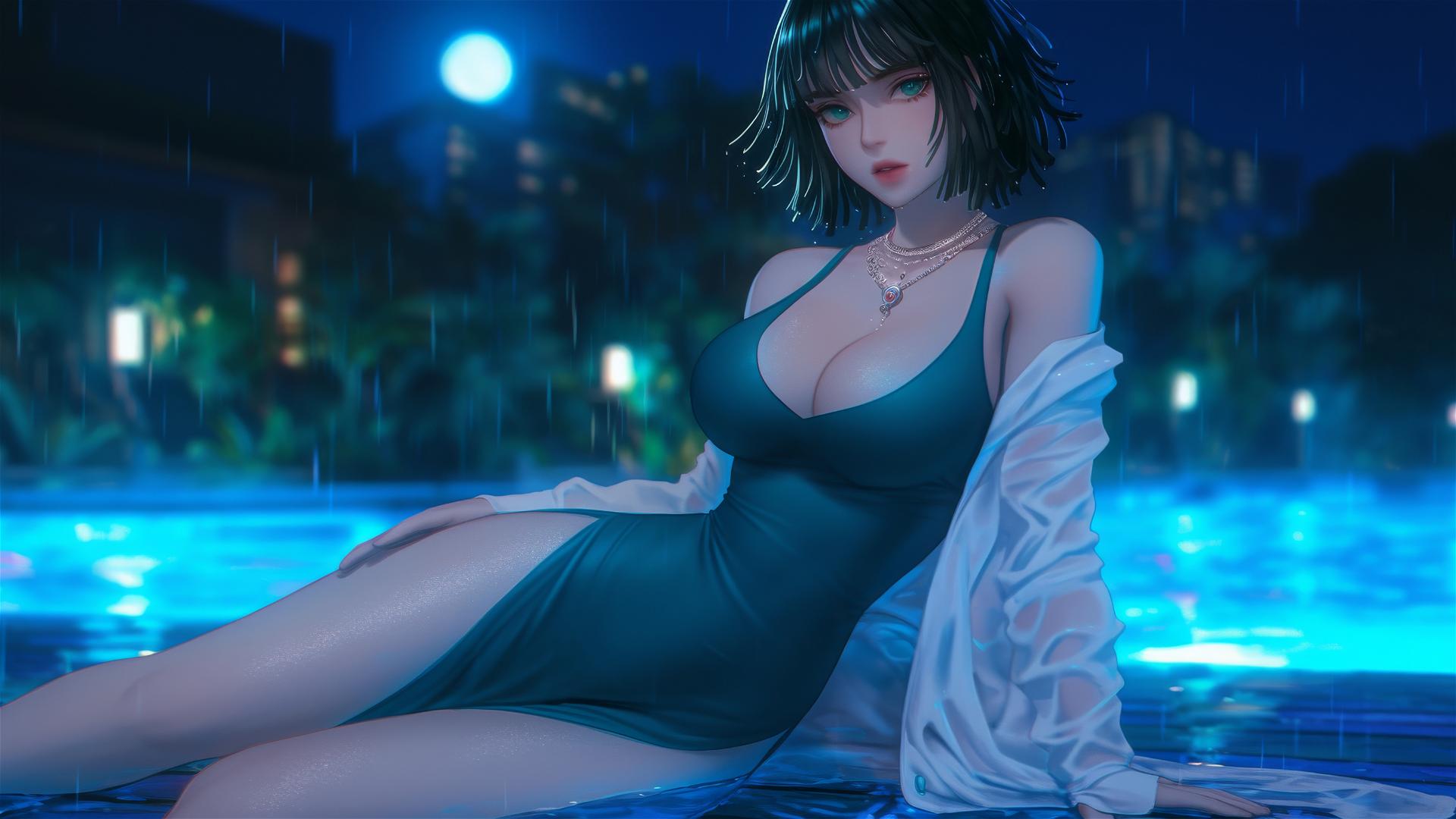 Fubuki from One Punch Man, resting at a rainy swimming pool with moonlight glow.