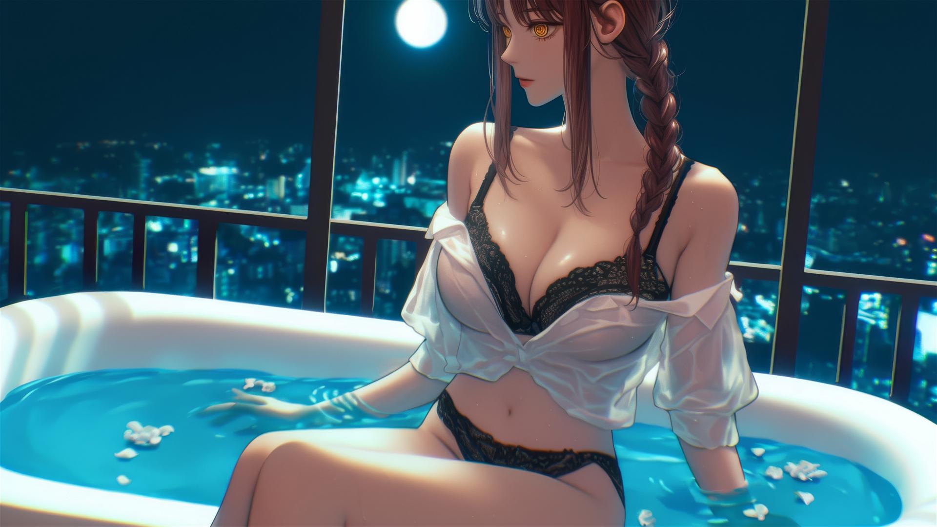 Makima from Chainsaw Man in a bathtub with moonlight glow