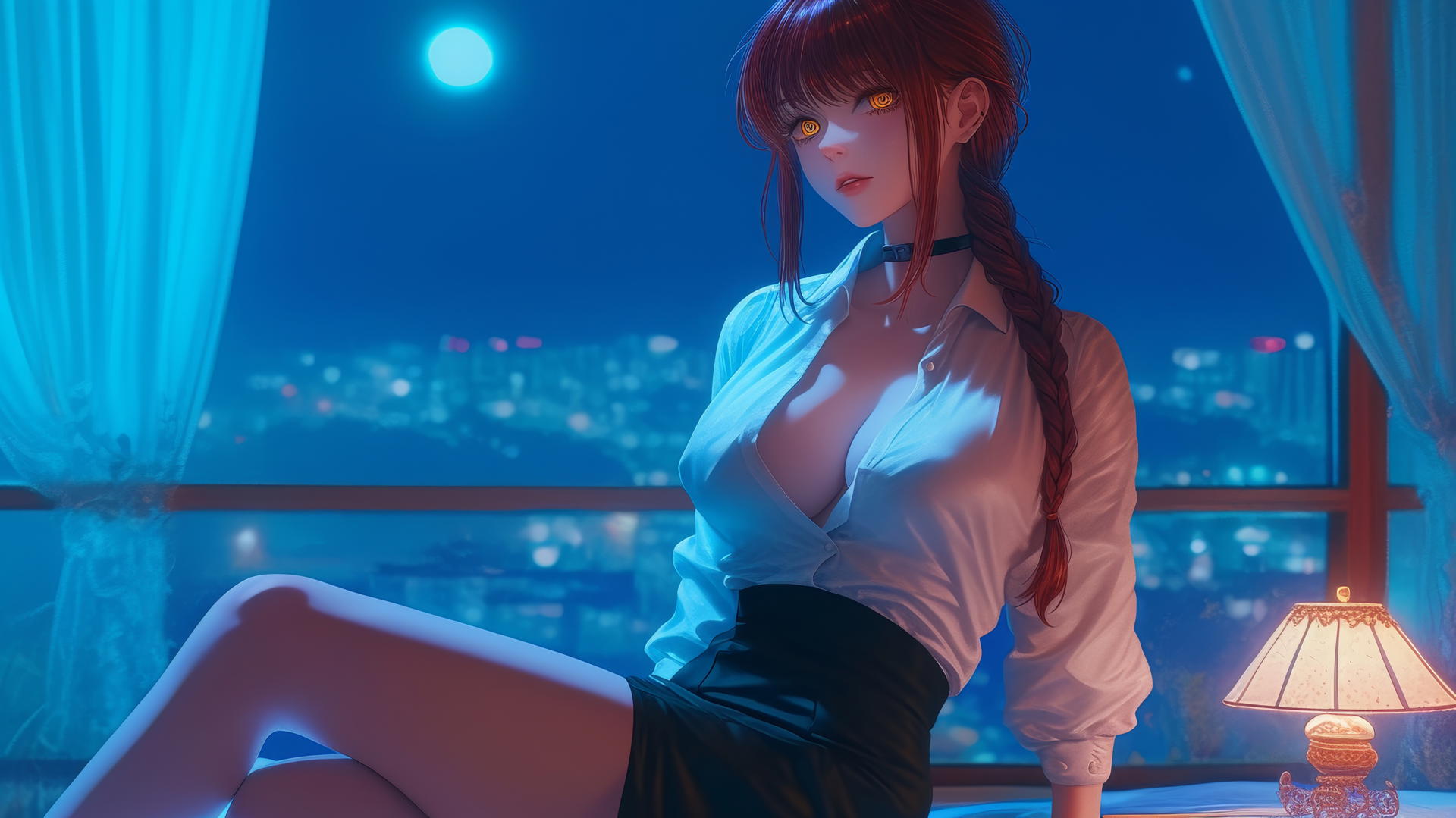 Makima from Chainsaw Man in her room under moonlight