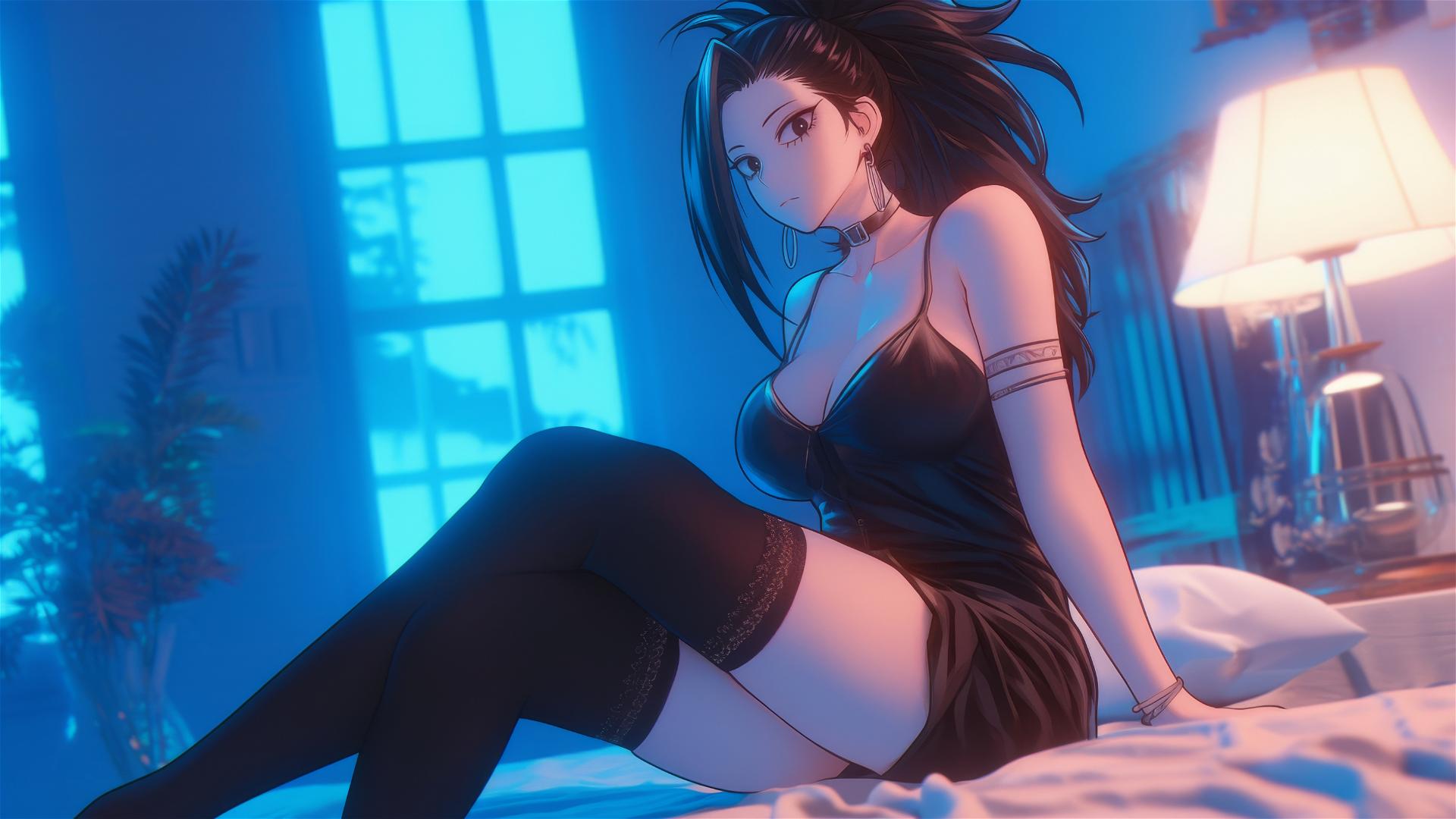 Momo Yaoyorozu from My Hero Academia in a modern hotel room with neon light glow.